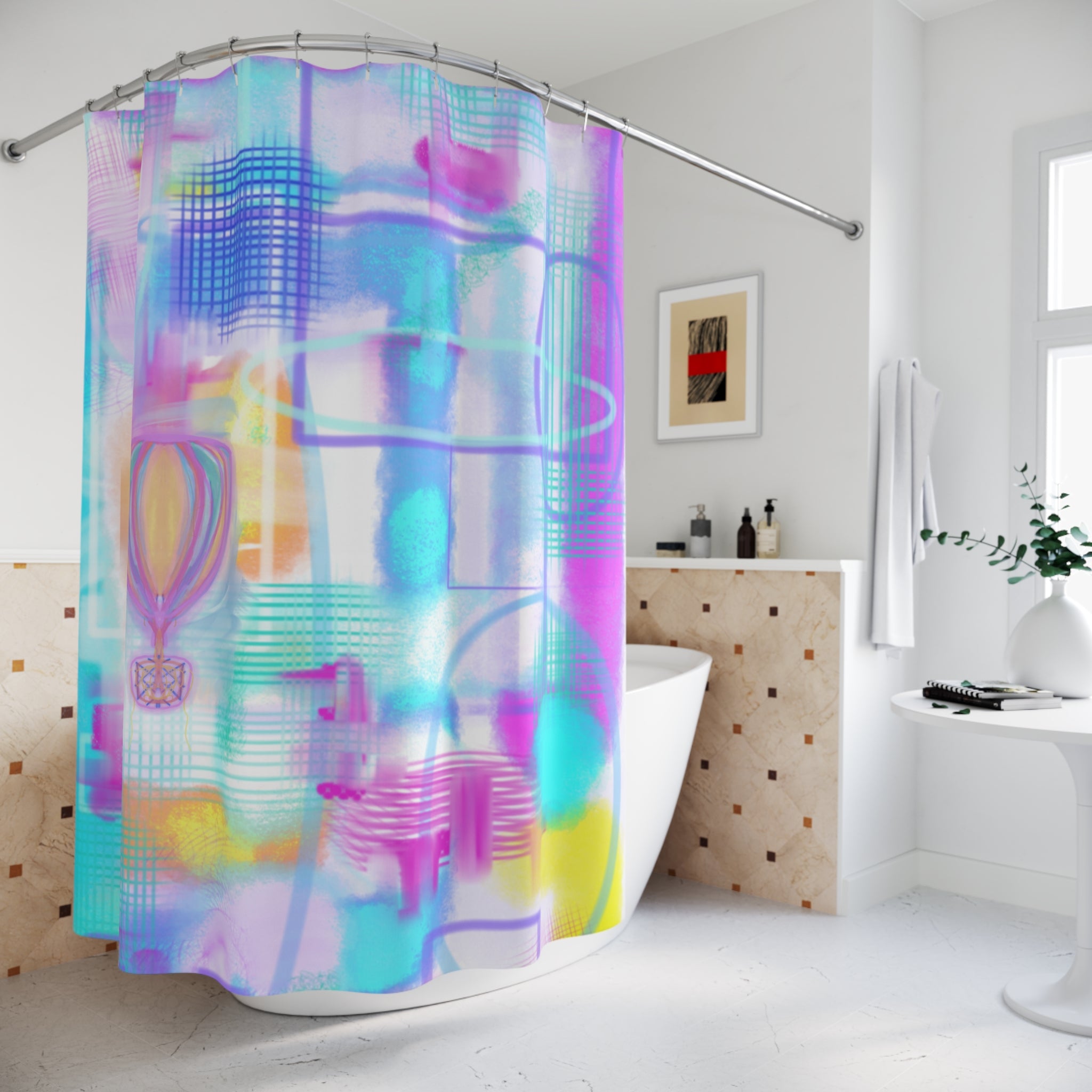 Abstract Pastel Hot Air Balloon Shower Curtain — Dreamy Watercolor Bathroom Decor