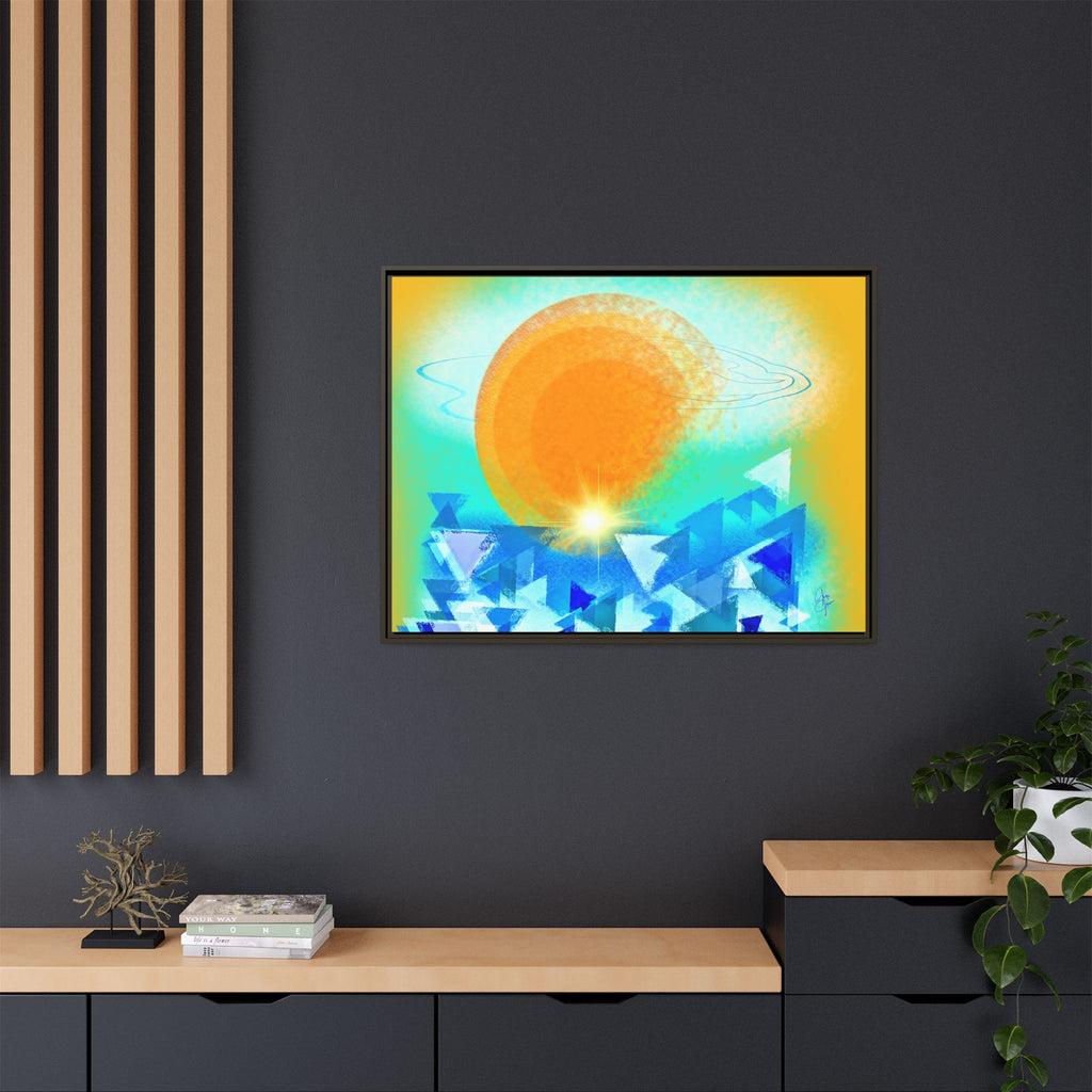 Abstract Sunrise Framed Canvas Art – Orange Sun Over Blue Geometric Waves