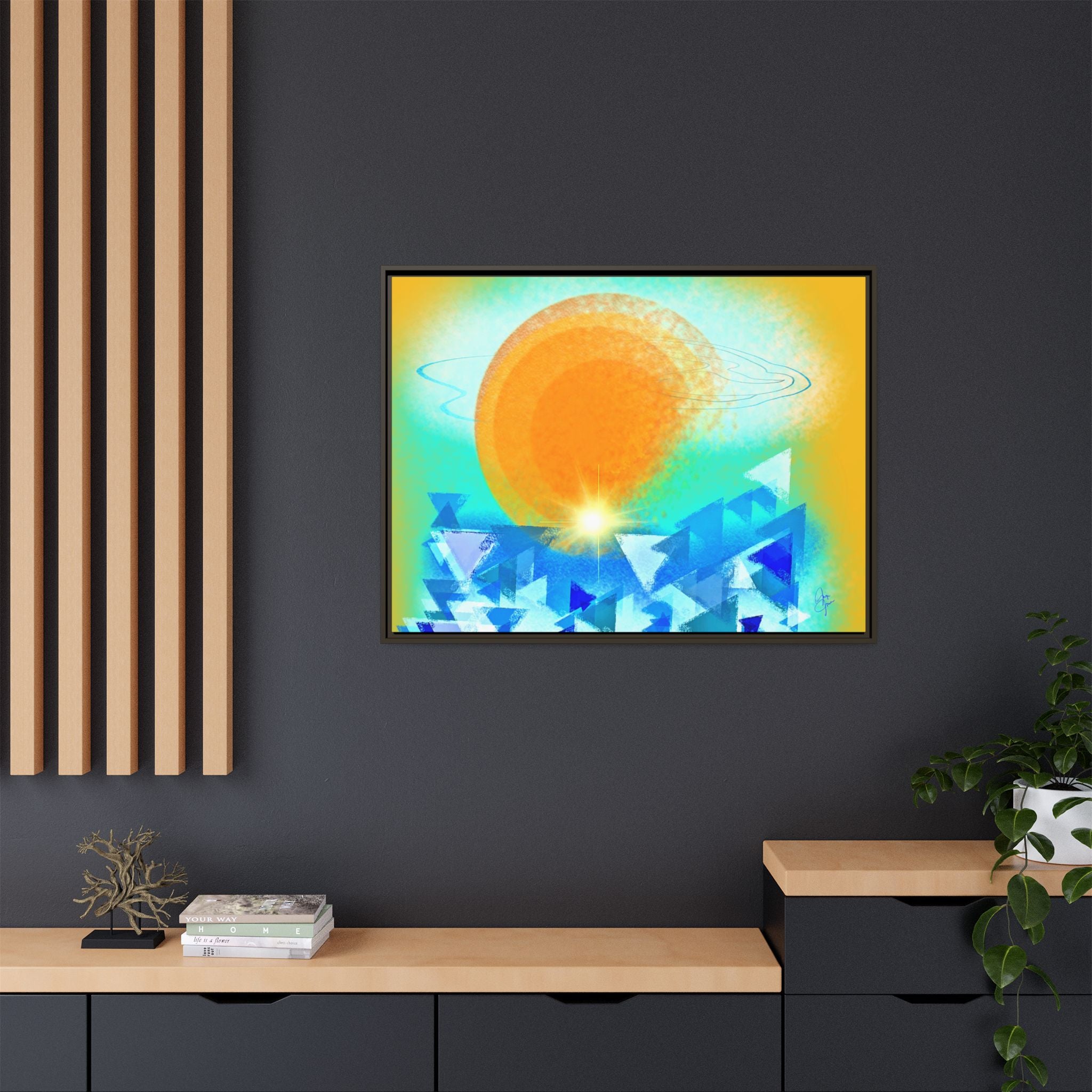Abstract Sunrise Framed Canvas Art – Orange Sun Over Blue Geometric Waves