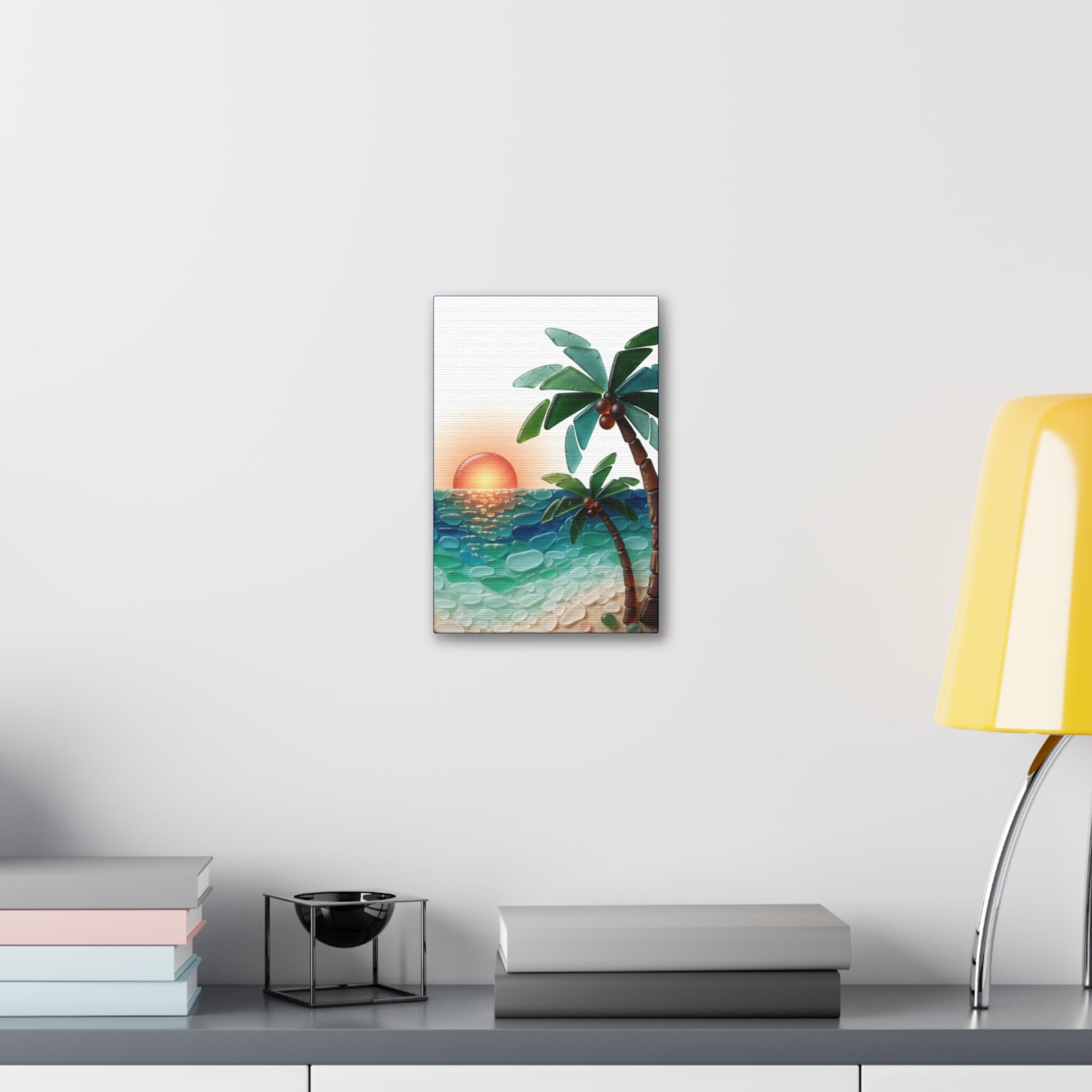 Tropical Sunset Canvas Wall Art — Palm Tree Beach Seascape Stretched Canvas