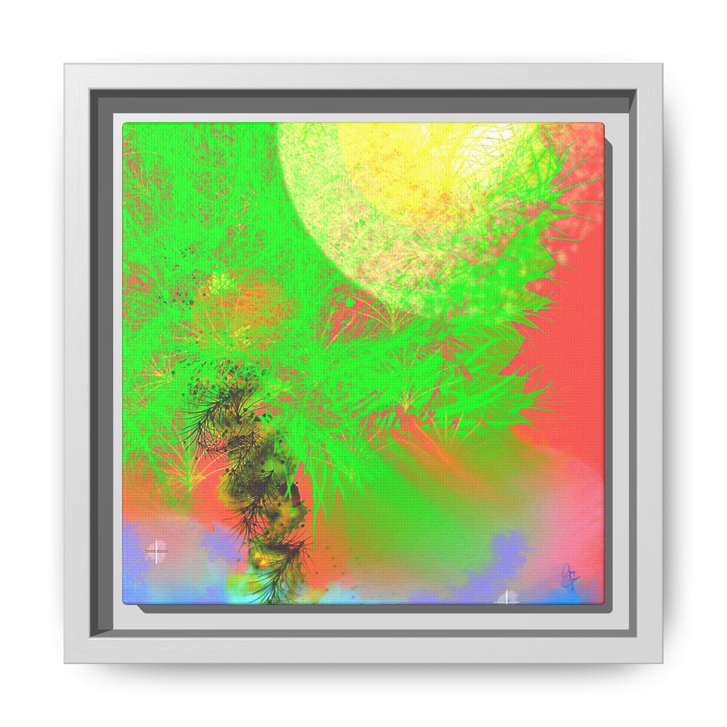 Abstract Neon Tree Matte Canvas Framed Art — Vibrant Green Moon Landscape