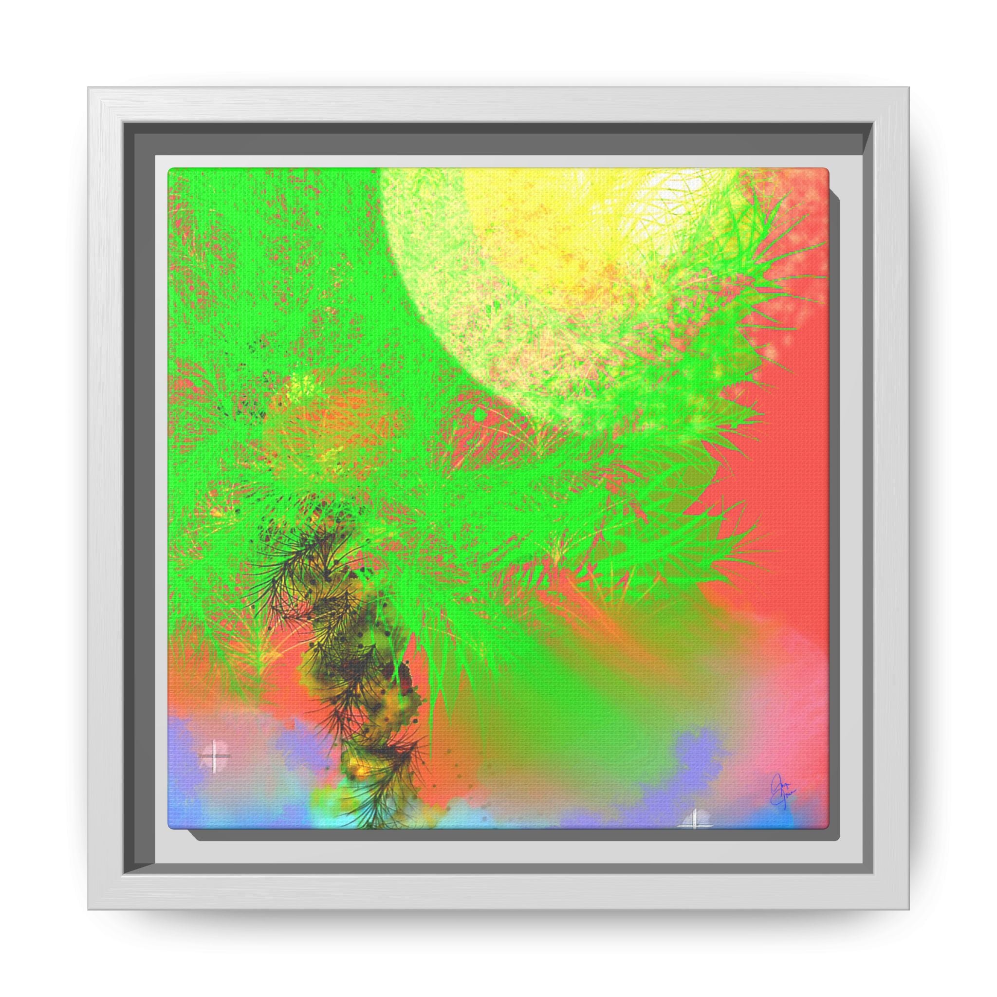 Abstract Neon Tree Matte Canvas Framed Art — Vibrant Green Moon Landscape