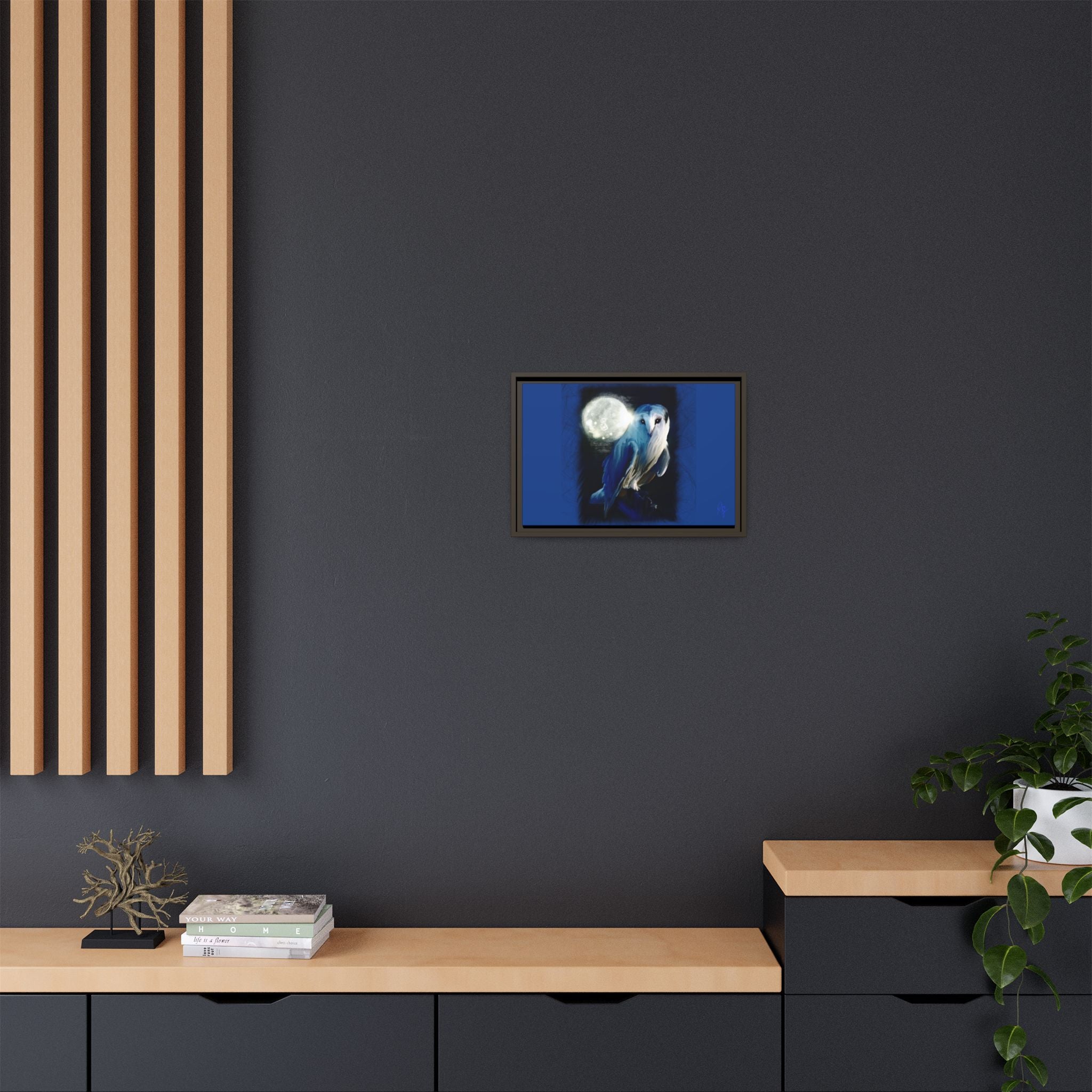 Moonlight Owl Matte Framed Canvas — Mystical Blue Owl Wall Art
