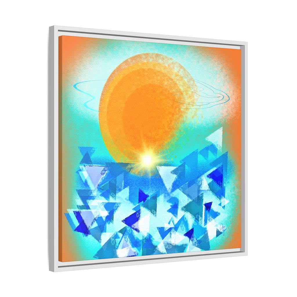 Abstract Sunrise Framed Canvas Art – Orange Sun Over Blue Geometric Waves