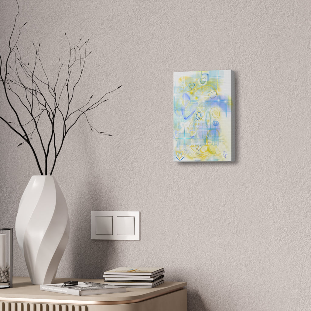 Pastel Heart Abstract Canvas Print — Blue & Yellow Stretched Wall Art (1.5")