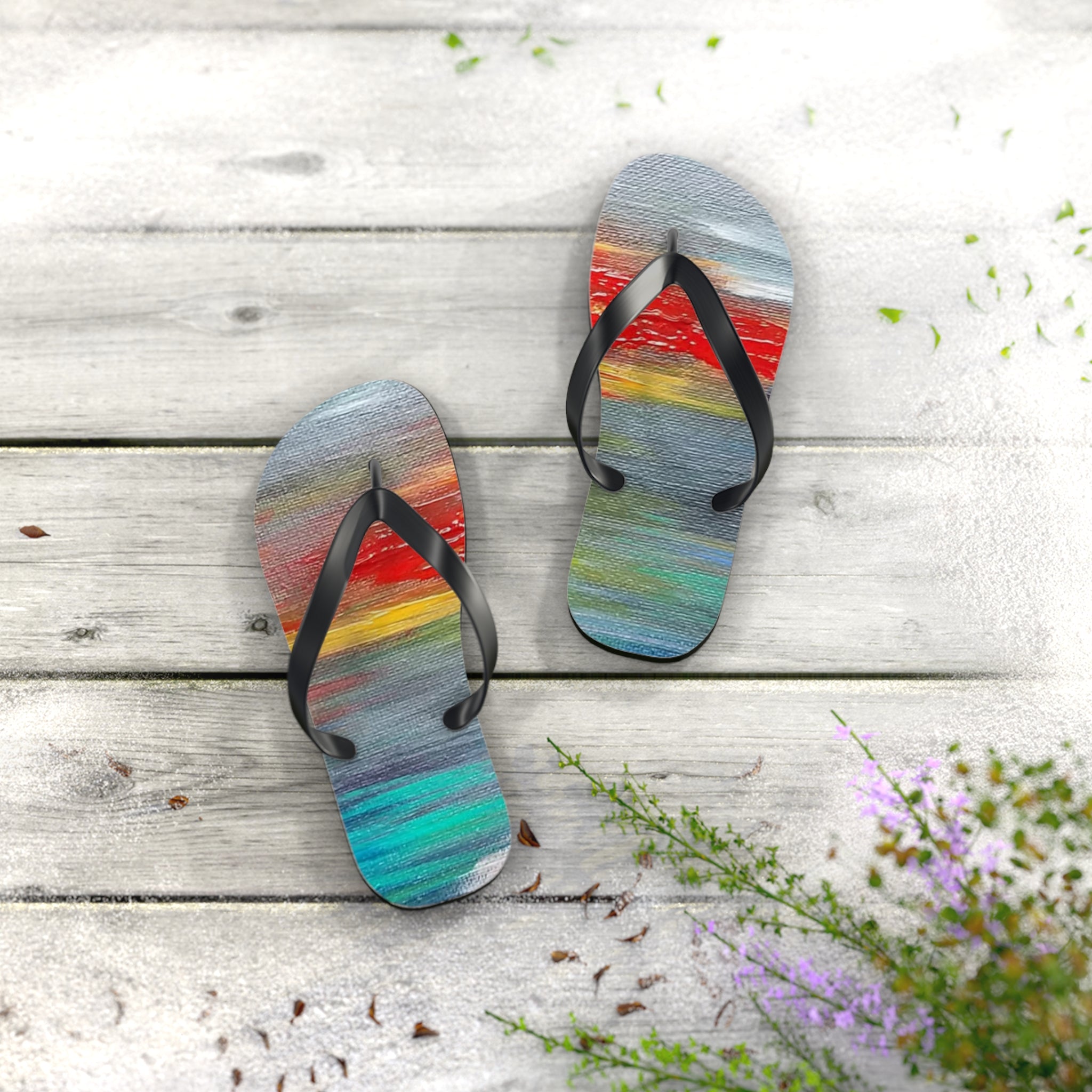 Watercolor Sunset Flip Flops — Colorful Beach Sandal for Summer & Vacation