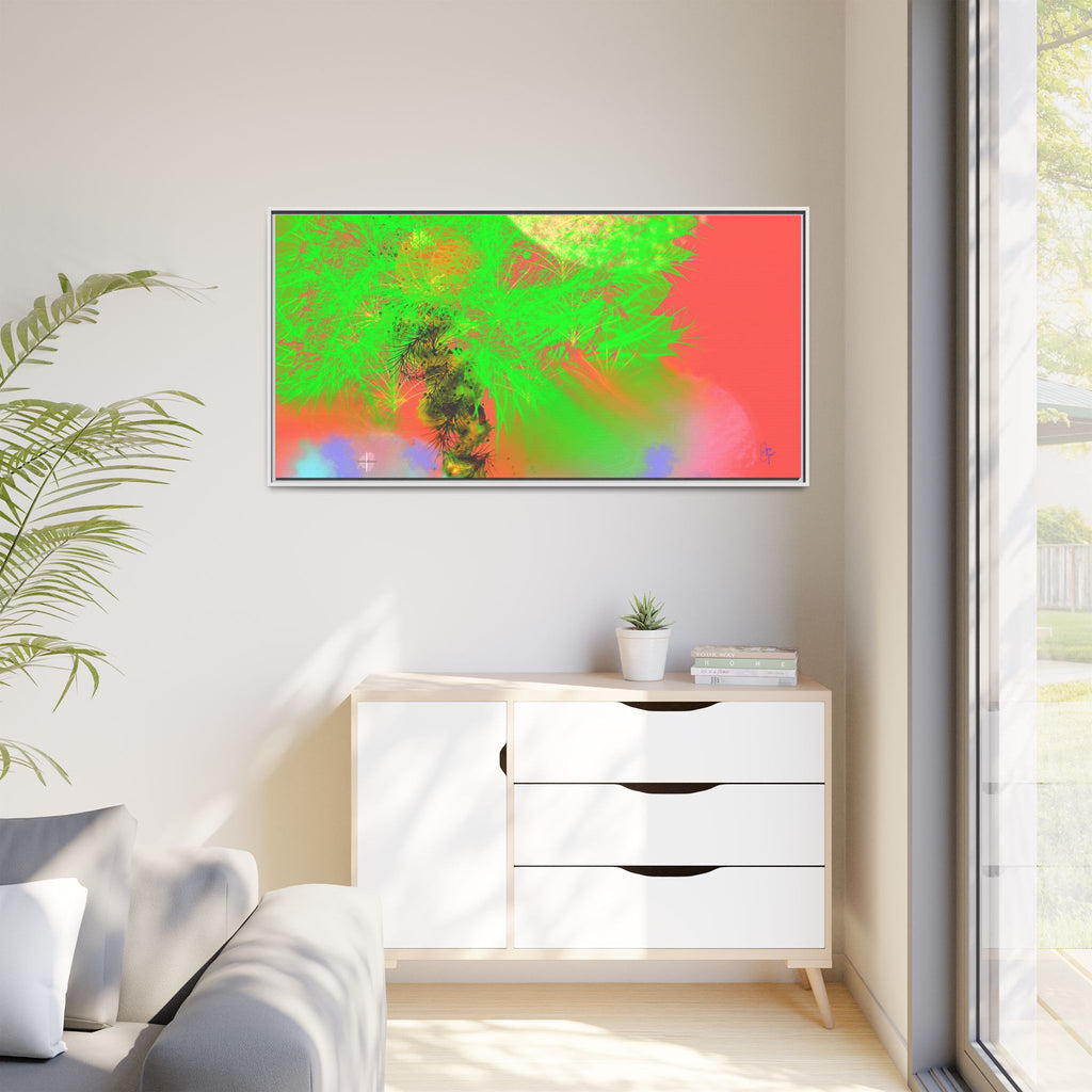 Abstract Neon Tree Matte Canvas Framed Art — Vibrant Green Moon Landscape