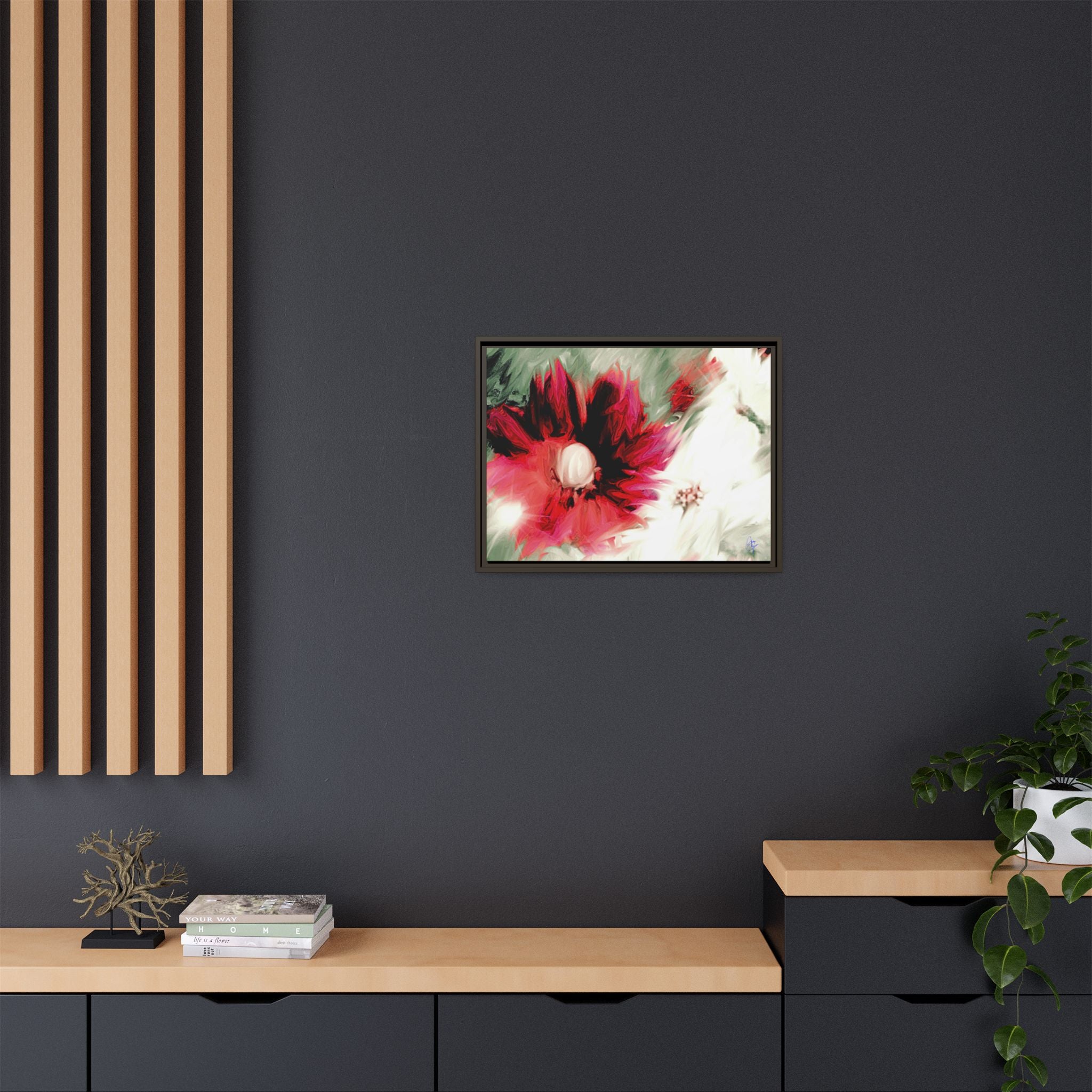 Framed Matte Canvas Print — Blurred Red & White Floral Art