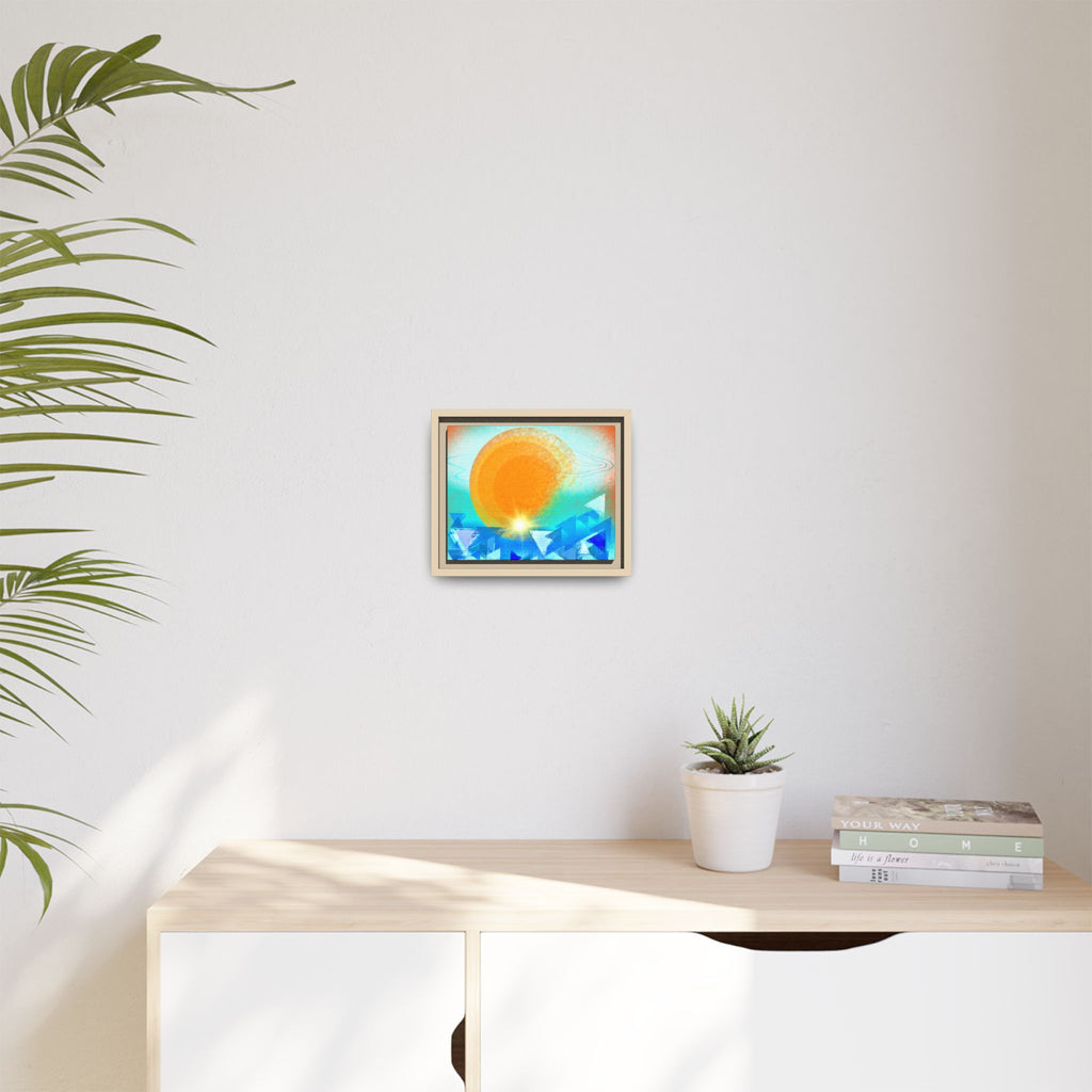 Abstract Sunrise Framed Canvas Art – Orange Sun Over Blue Geometric Waves