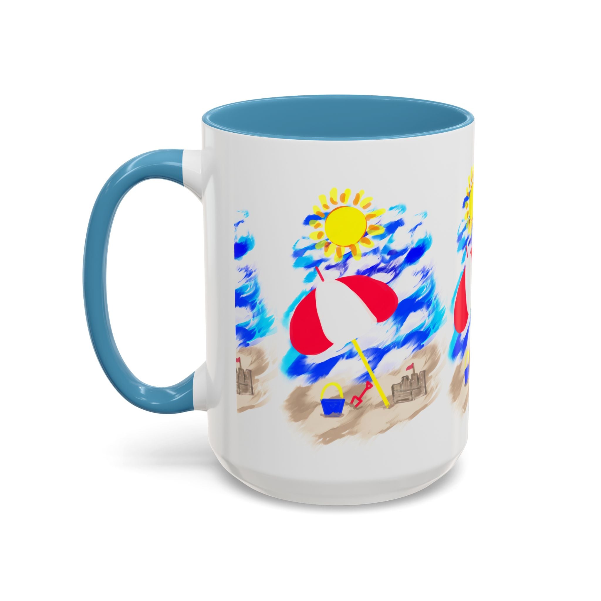 Beach Scene Coffee Mug – Summer Umbrella, Sun & Sandcastle Accent Mug
