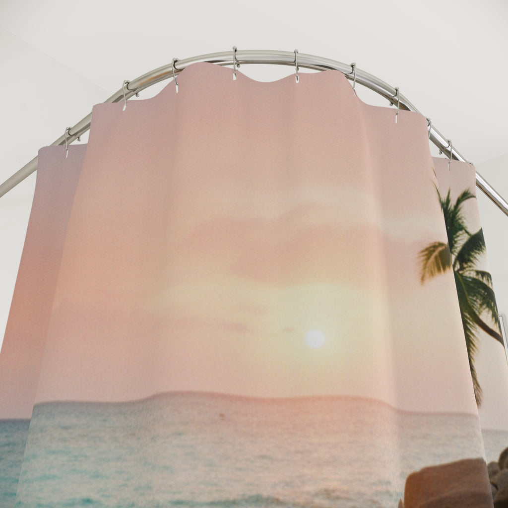 Beach Sunset Shower Curtain — "I Need a Little Vitamin SEA Today" Tropical Palm Bathroom Decor