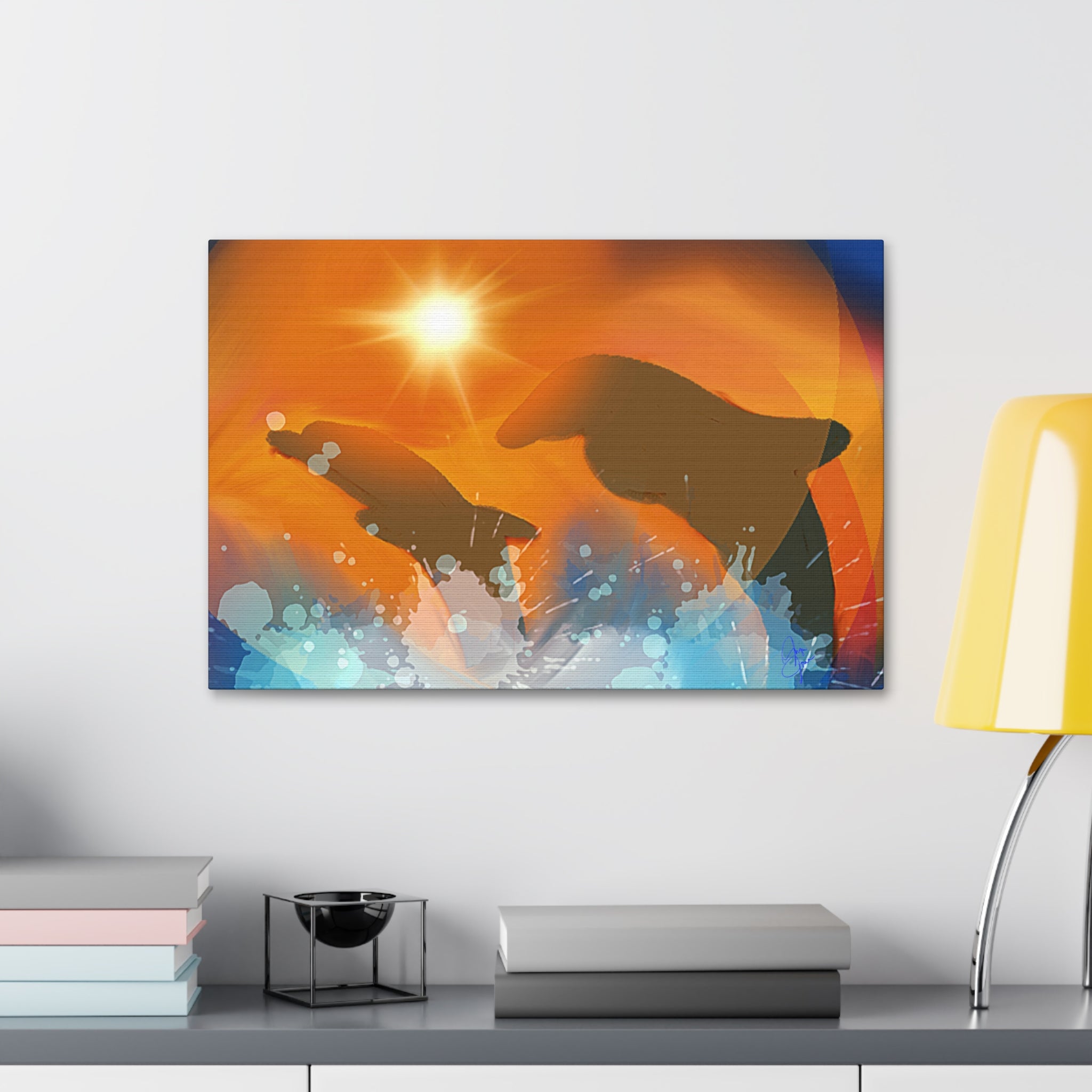 Sunset Dolphin Canvas Wall Art — Vibrant Ocean Sunset Stretch Canvas