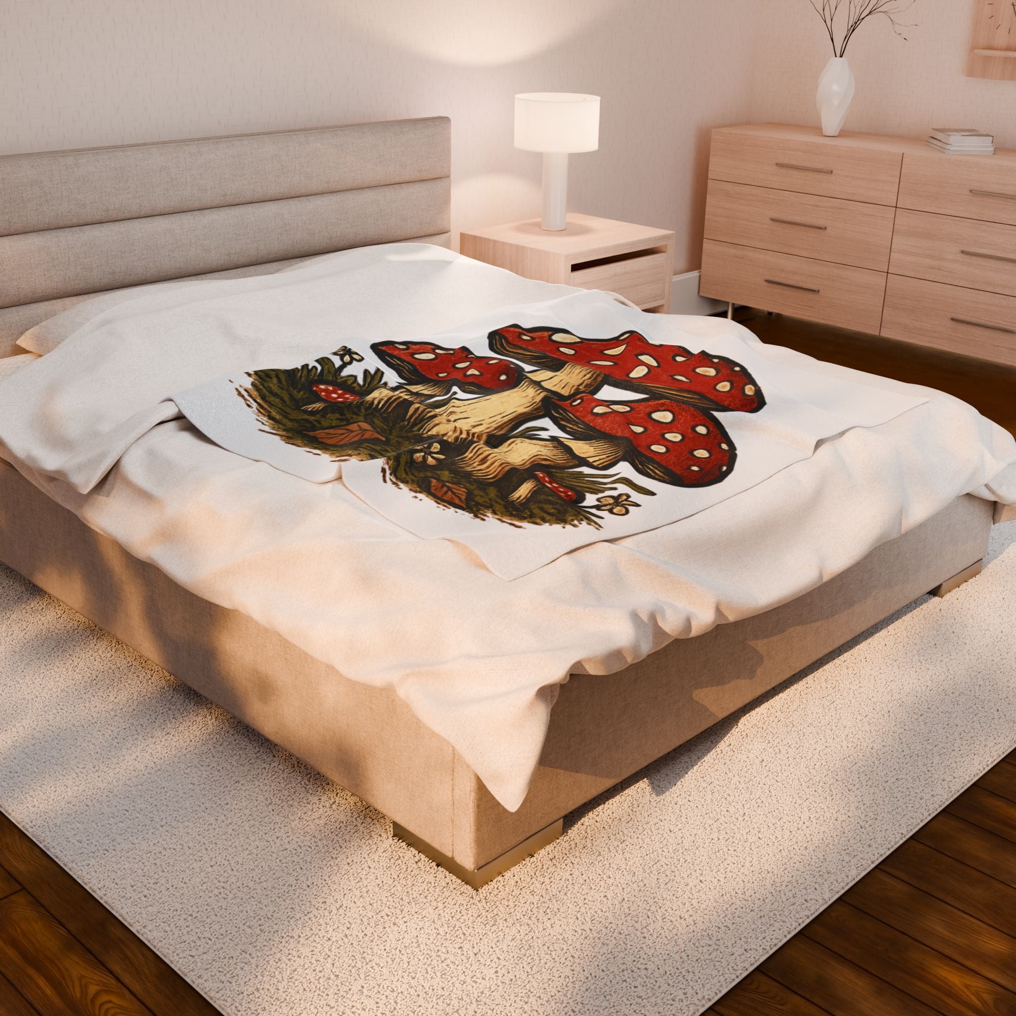 Toadstool Mushrooms Velveteen Plush Blanket – Cozy Red Fungi Throw for Nature Lovers
