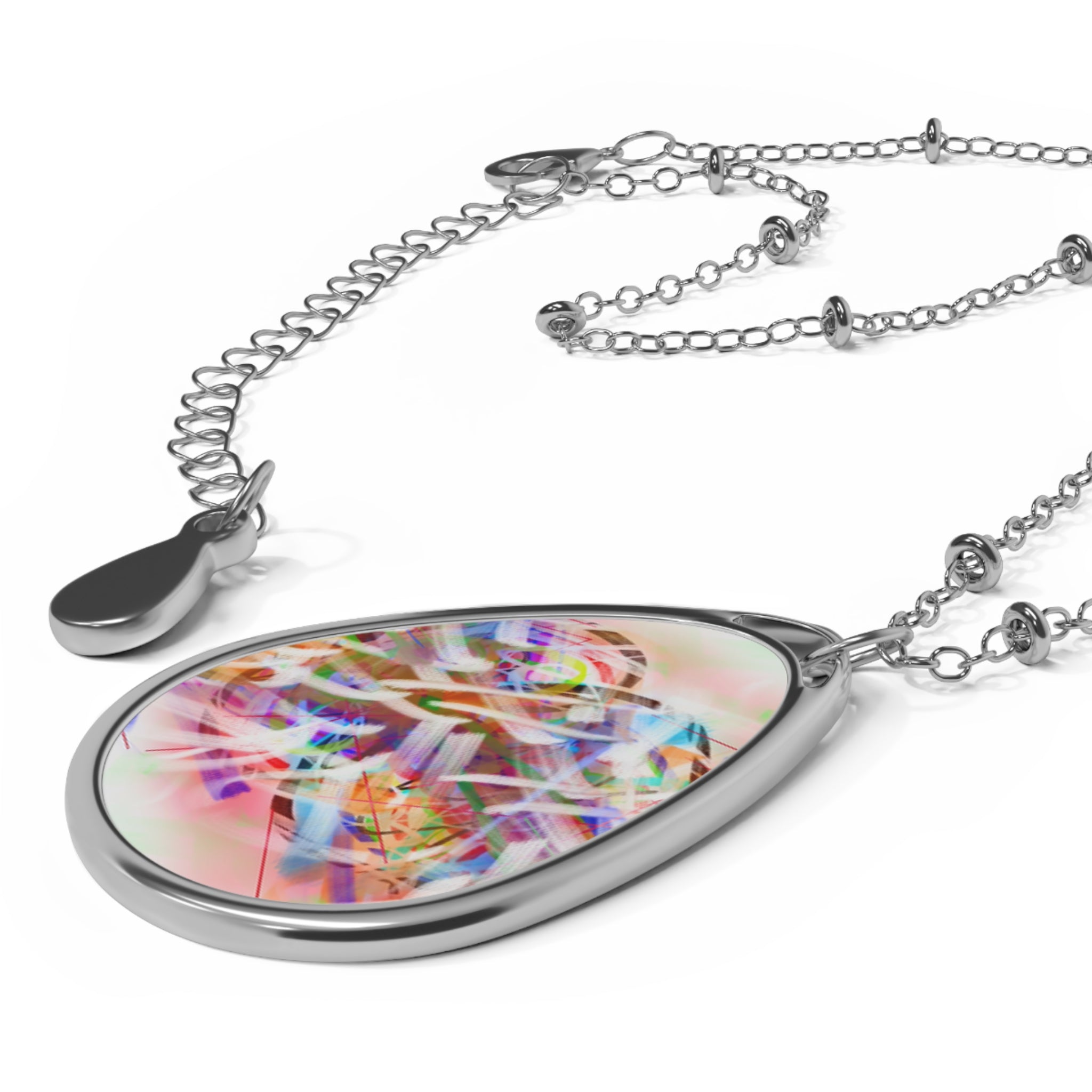 Iridescent Confetti Oval Necklace — Silver Teardrop Pendant