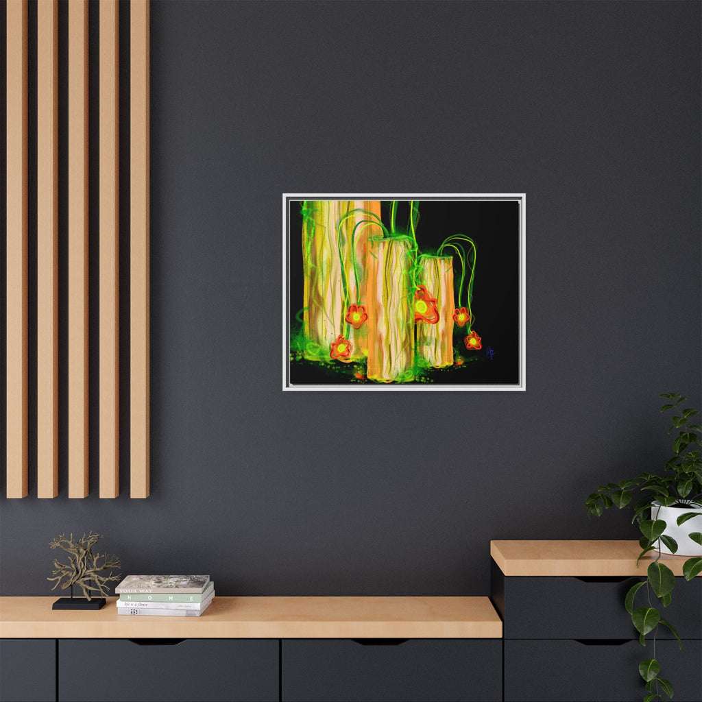 Framed Matte Canvas Print — Neon Floral Candlelight Art