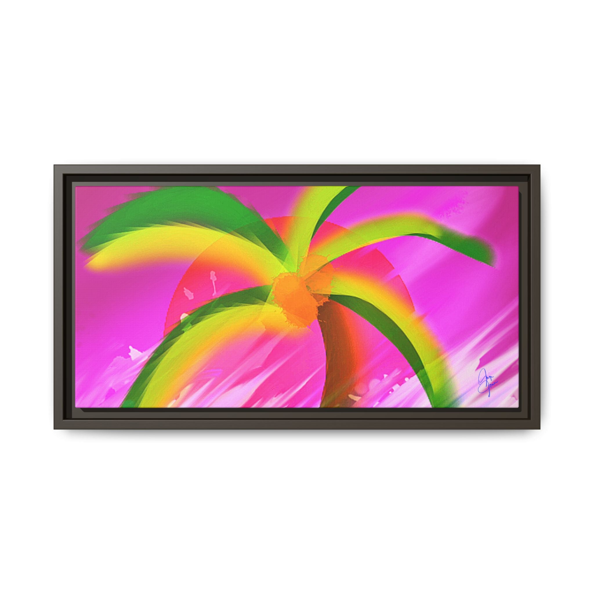 Framed Matte Canvas Print — Neon Palm Beach Art