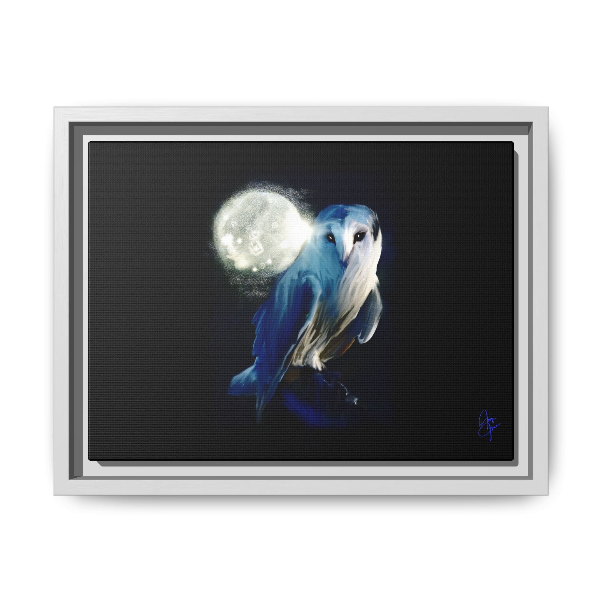 Moonlight Owl Matte Framed Canvas — Mystical Blue Owl Wall Art