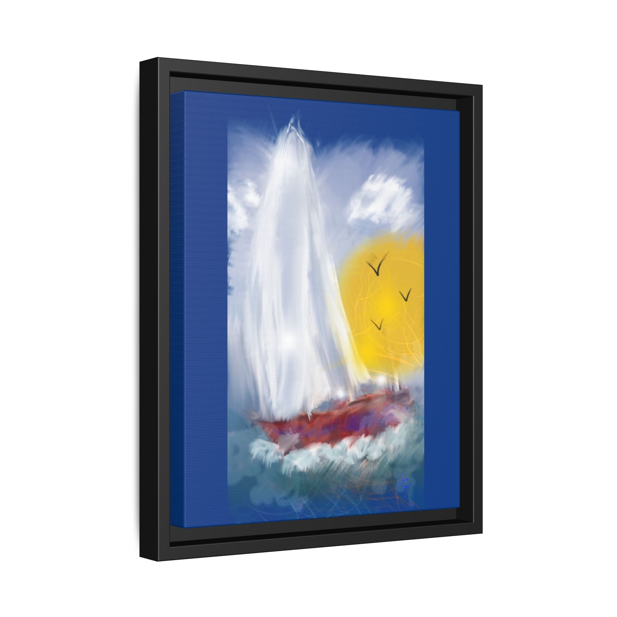 Sailboat Sunset Matte Framed Canvas Print — Coastal Seascape Wall Art