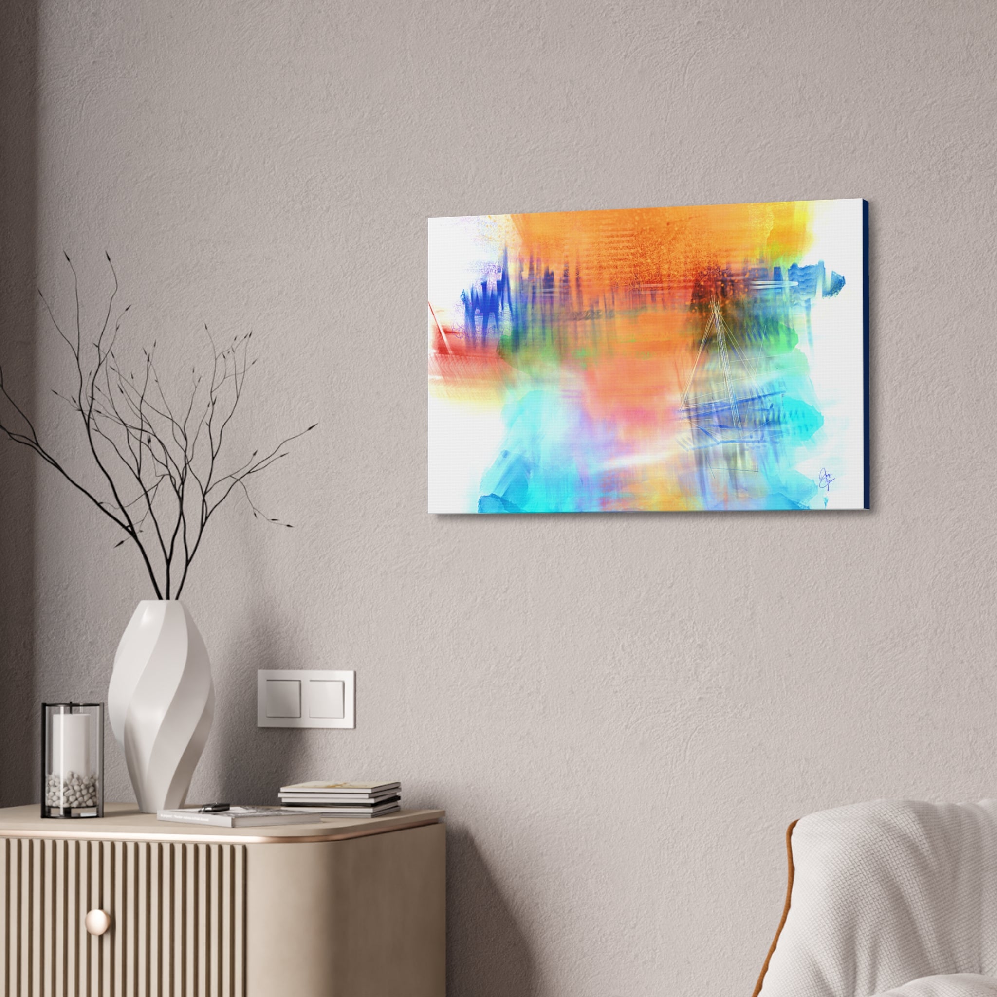 Abstract Color Burst Canvas — Vibrant Orange & Blue Stretched Wall Art
