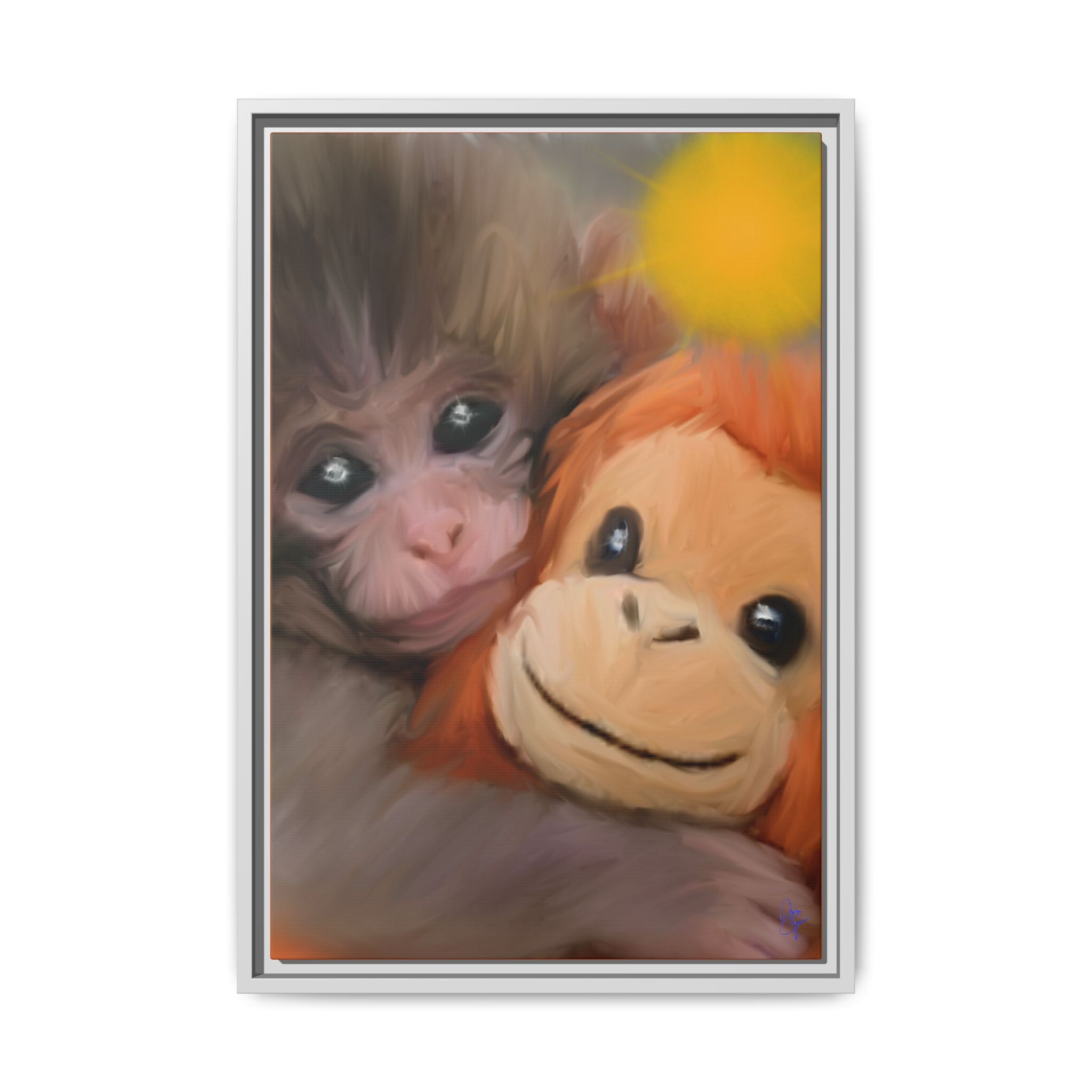 Framed Matte Canvas Print — Baby Monkey & Plush Orangutan Wall Art
