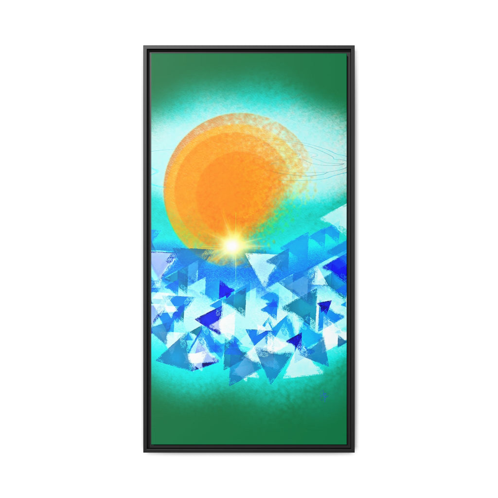 Abstract Sunrise Framed Canvas Art – Orange Sun Over Blue Geometric Waves