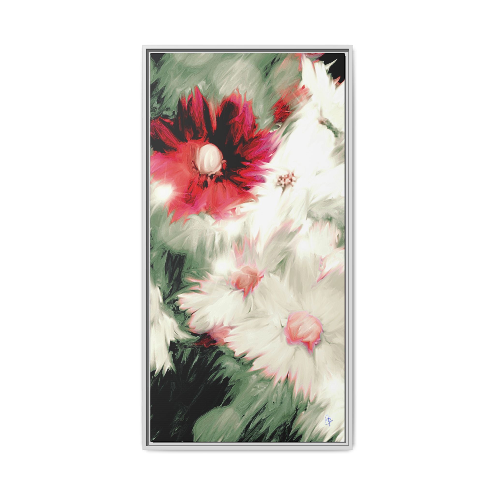 Framed Matte Canvas Print — Blurred Red & White Floral Art