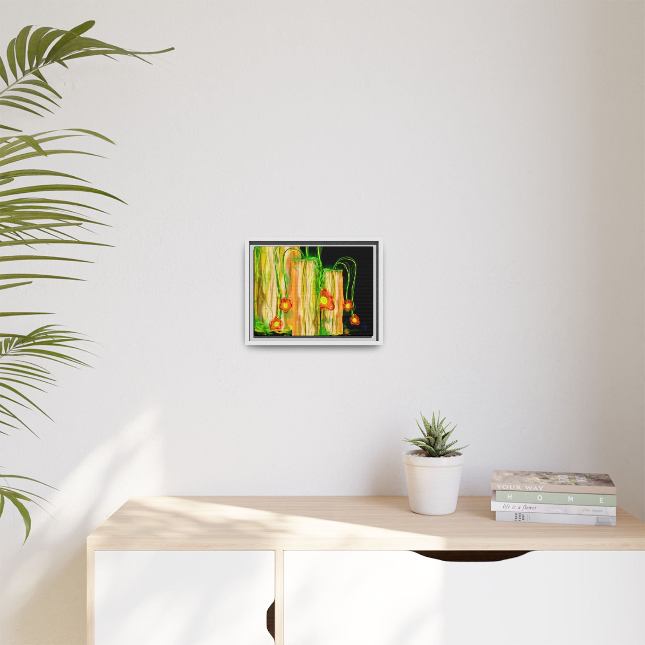 Framed Matte Canvas Print — Neon Floral Candlelight Art