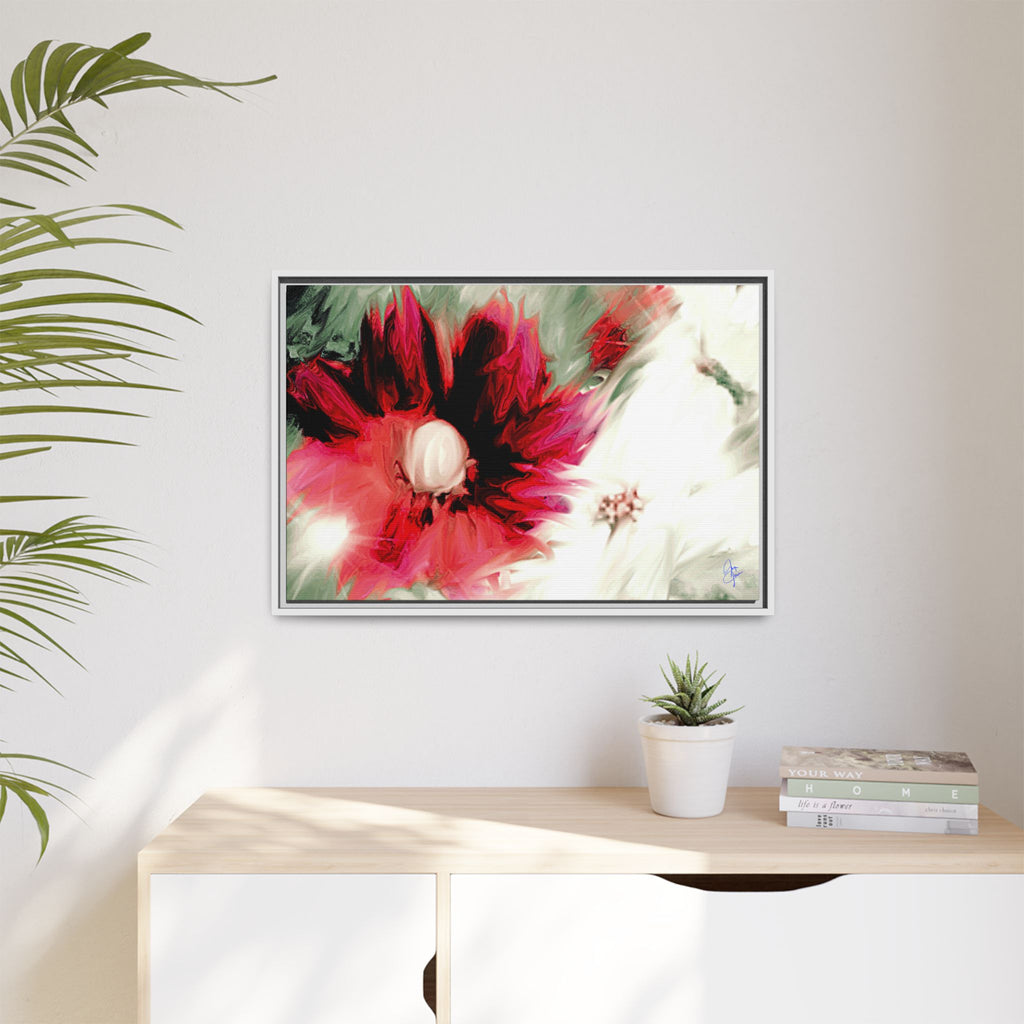 Framed Matte Canvas Print — Blurred Red & White Floral Art