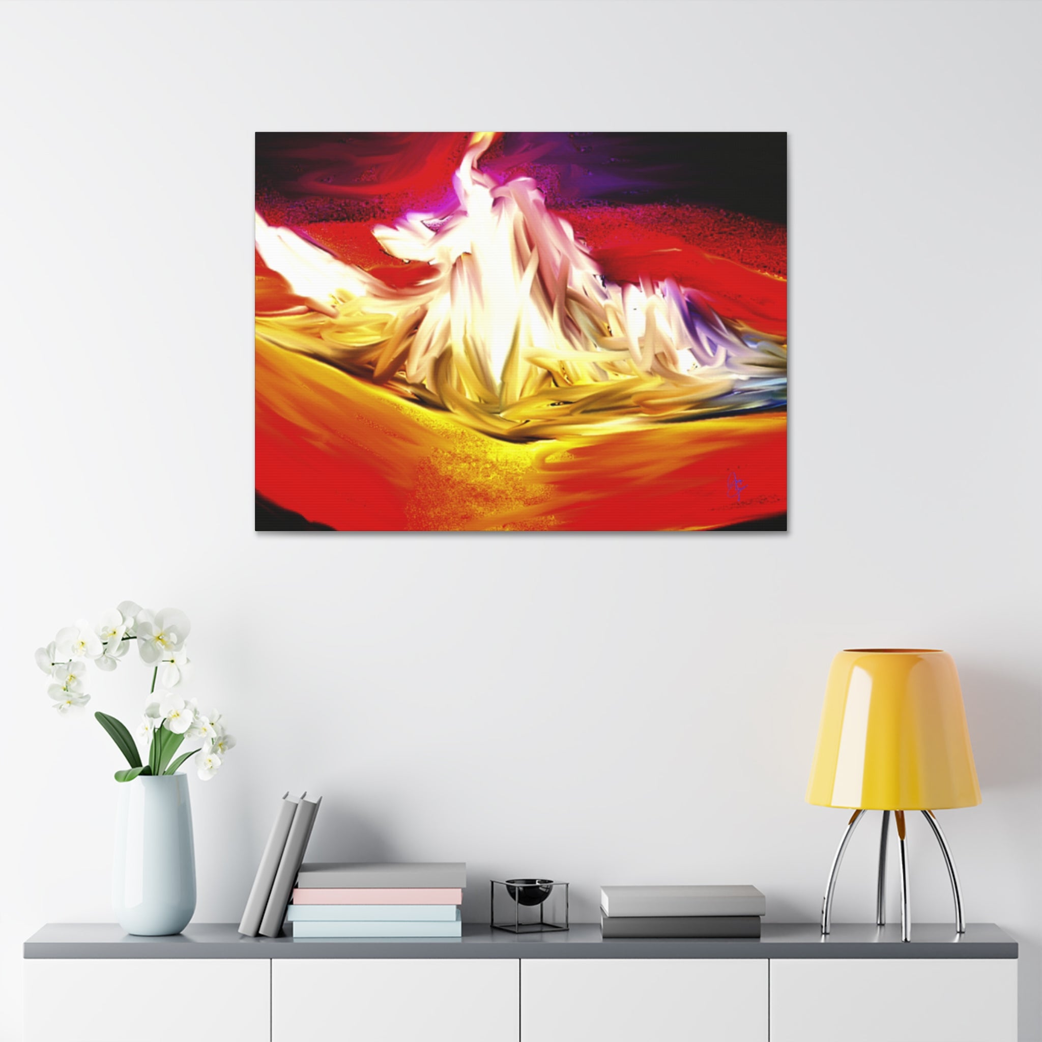 Abstract Campfire Canvas Print — Vibrant Red & Gold Stretched Wall Art