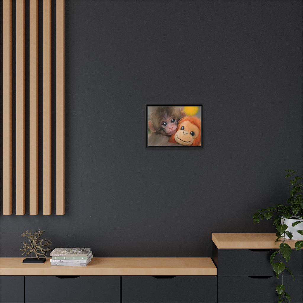 Framed Matte Canvas Print — Baby Monkey & Plush Orangutan Wall Art