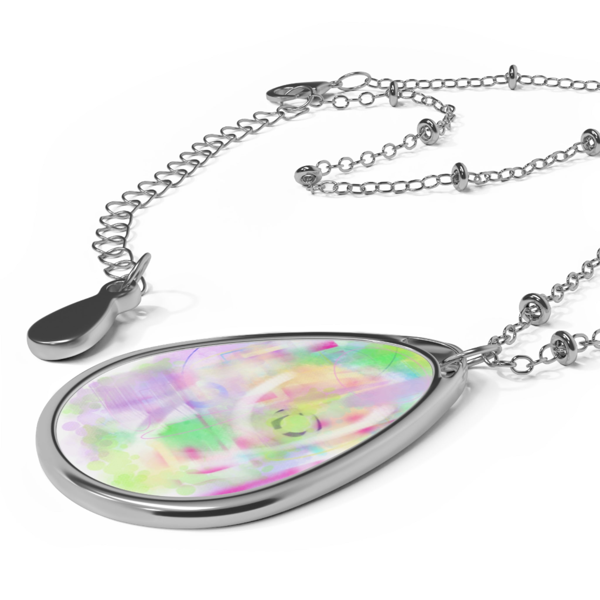 Iridescent Oval Pendant Necklace — Silver Teardrop Pendant with Pastel Opal-Look Inlay