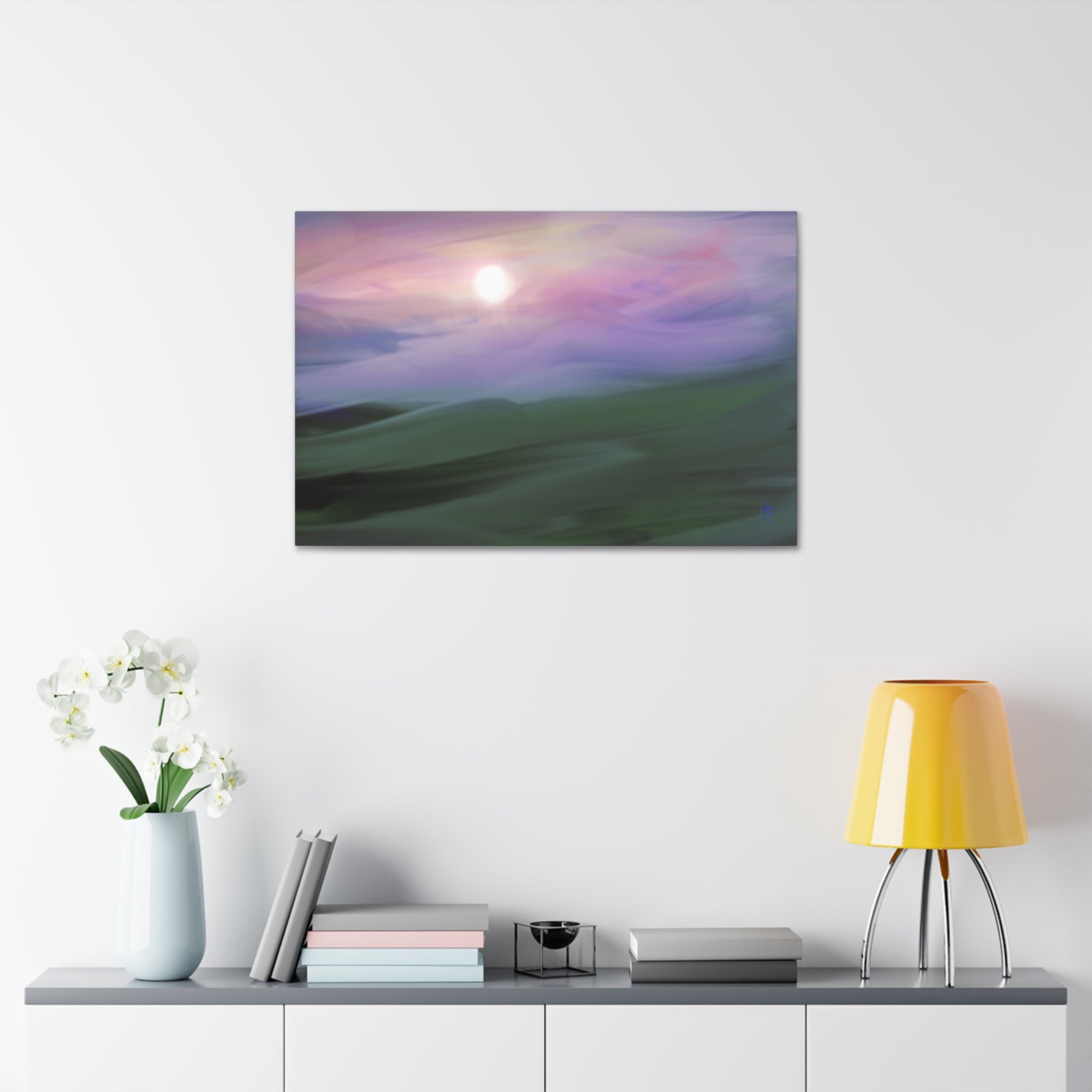 Sunrise Mist Landscape Canvas Print — Serene Pastel Wall Art