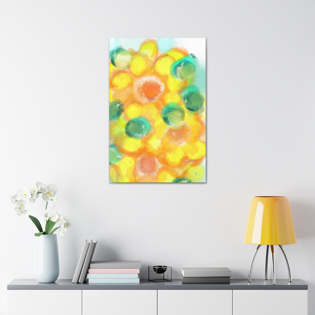 Abstract Sunshine Circles Canvas Art – Vibrant Yellow & Teal Stretched Wall Decor