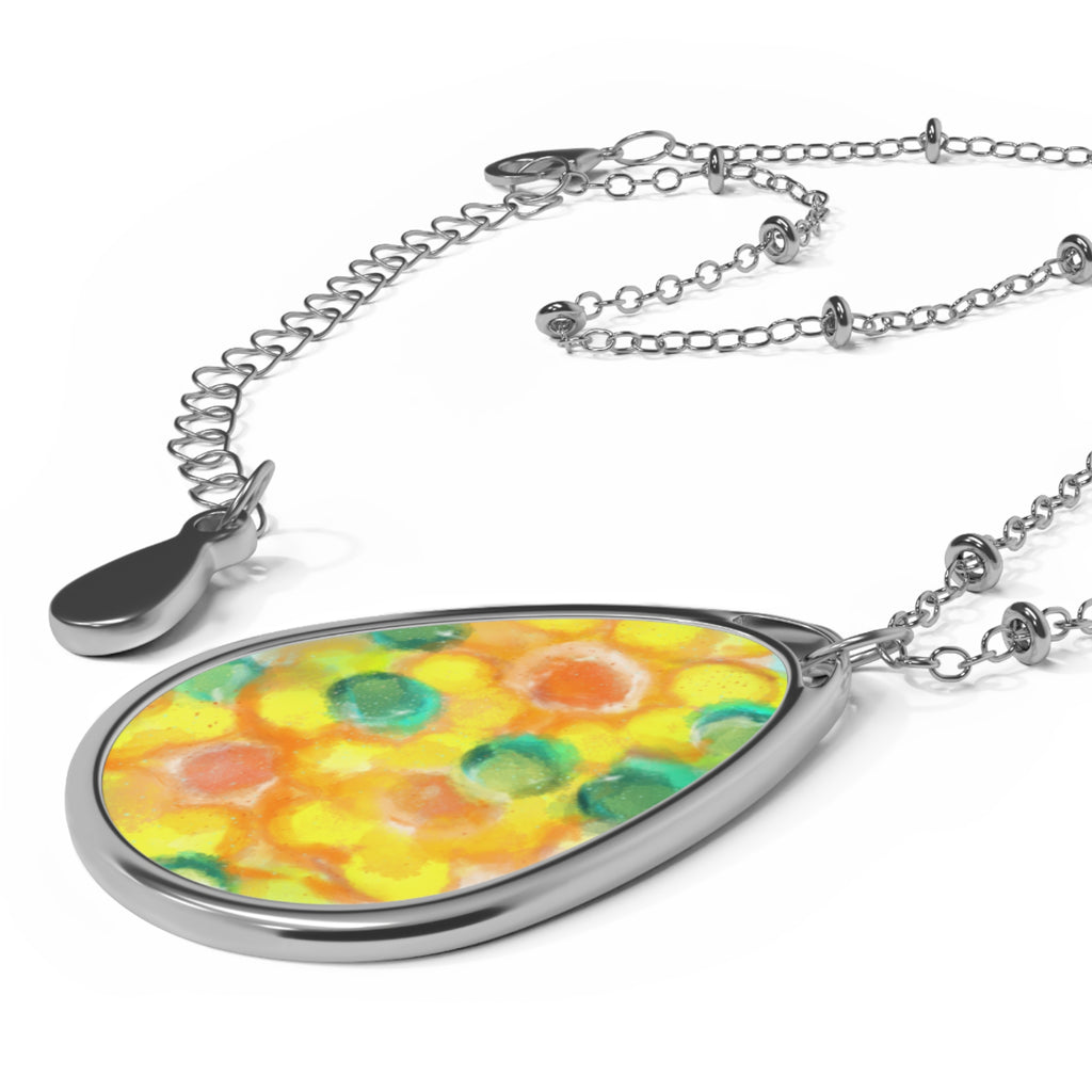 Yellow Floral Oval Pendant Necklace — Colorful Watercolor Teardrop Jewelry