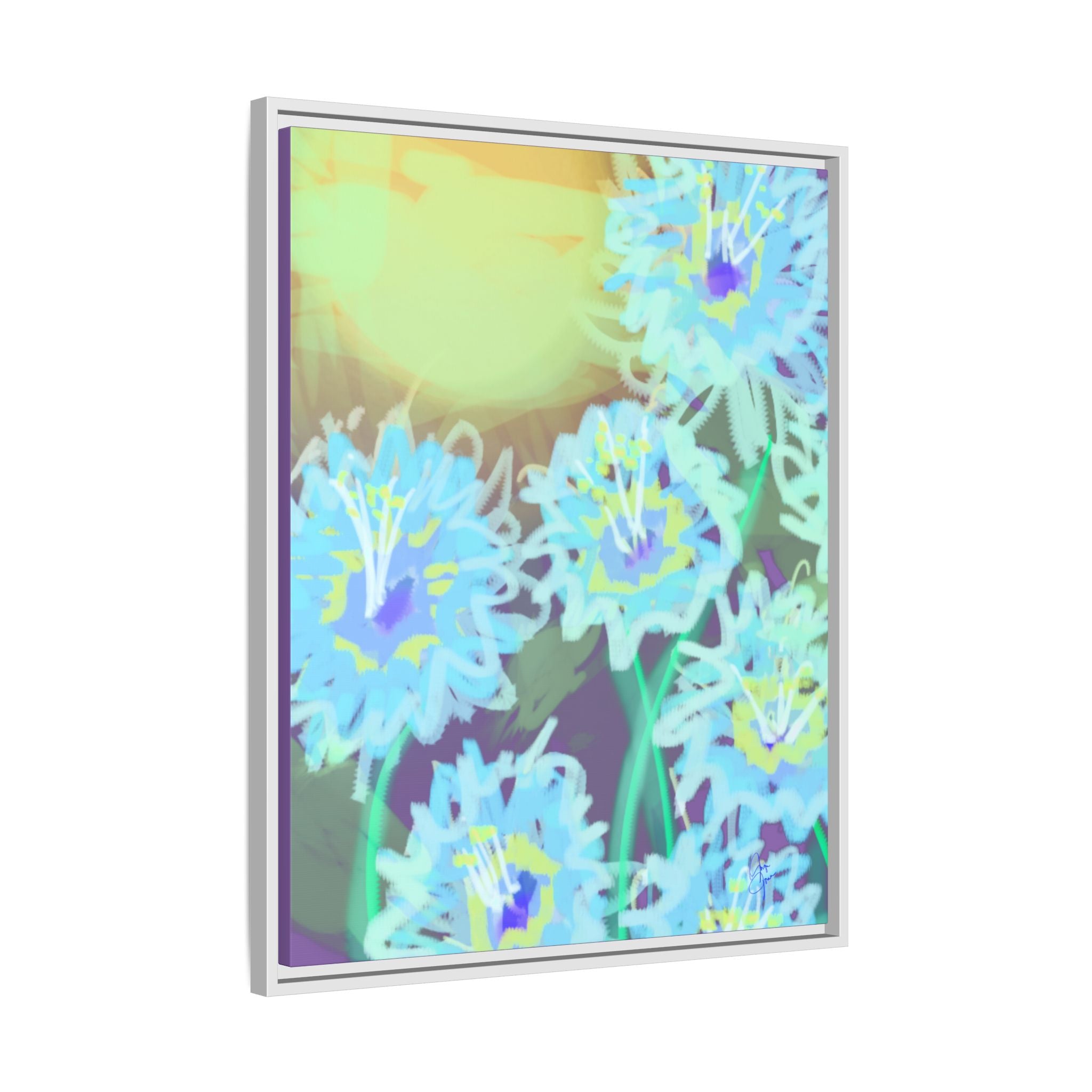 Framed Floral Canvas Art — Blue & Yellow Abstract Bouquet (Matte)