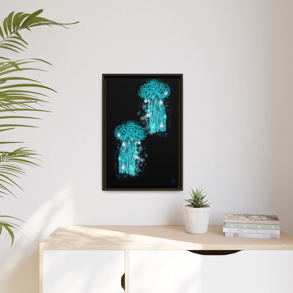 Glowing Jellyfish Art Print — Framed Matte Canvas