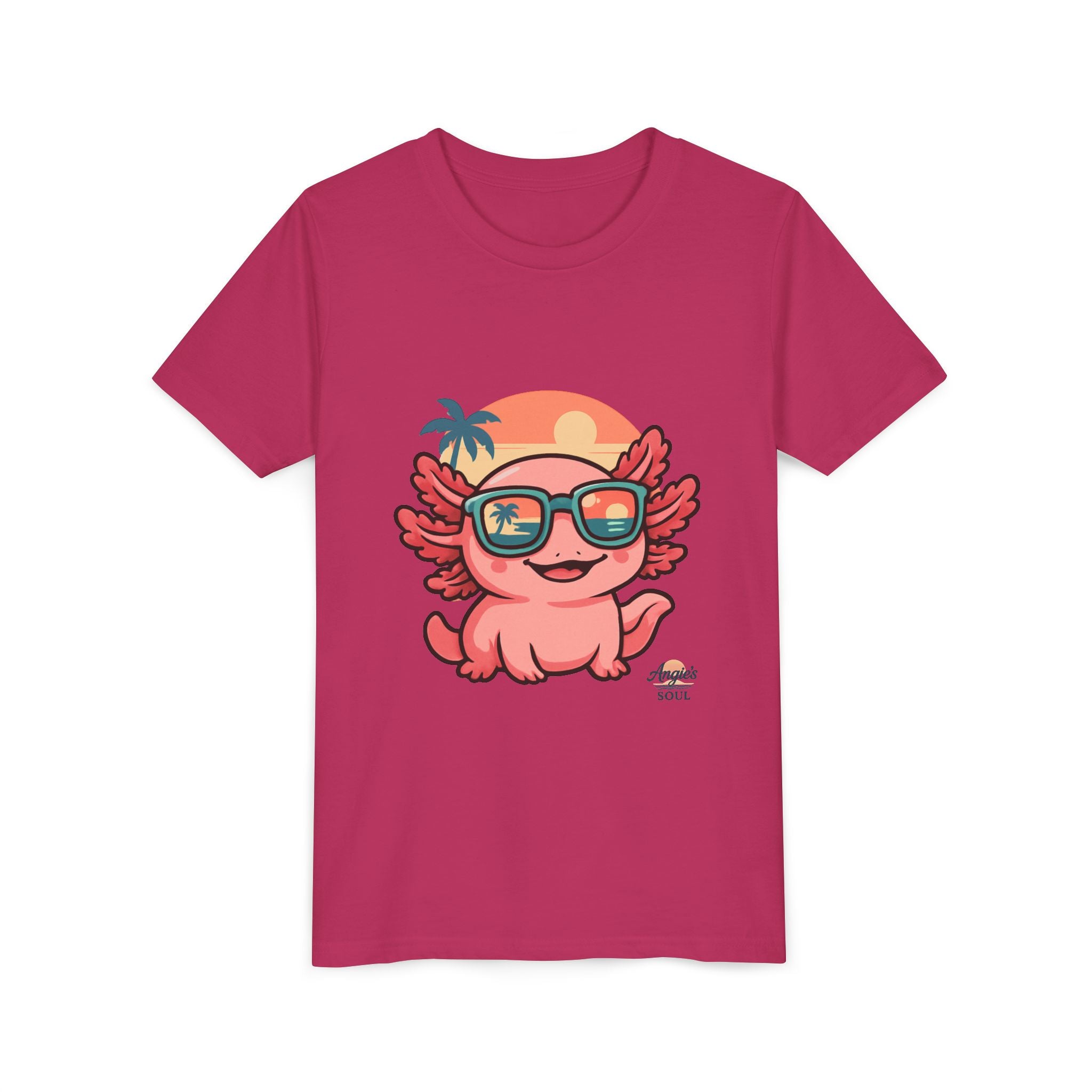 Axolotl Sunset Kids Tee — Cute Sunglasses Beach Axolotl Youth T-Shirt