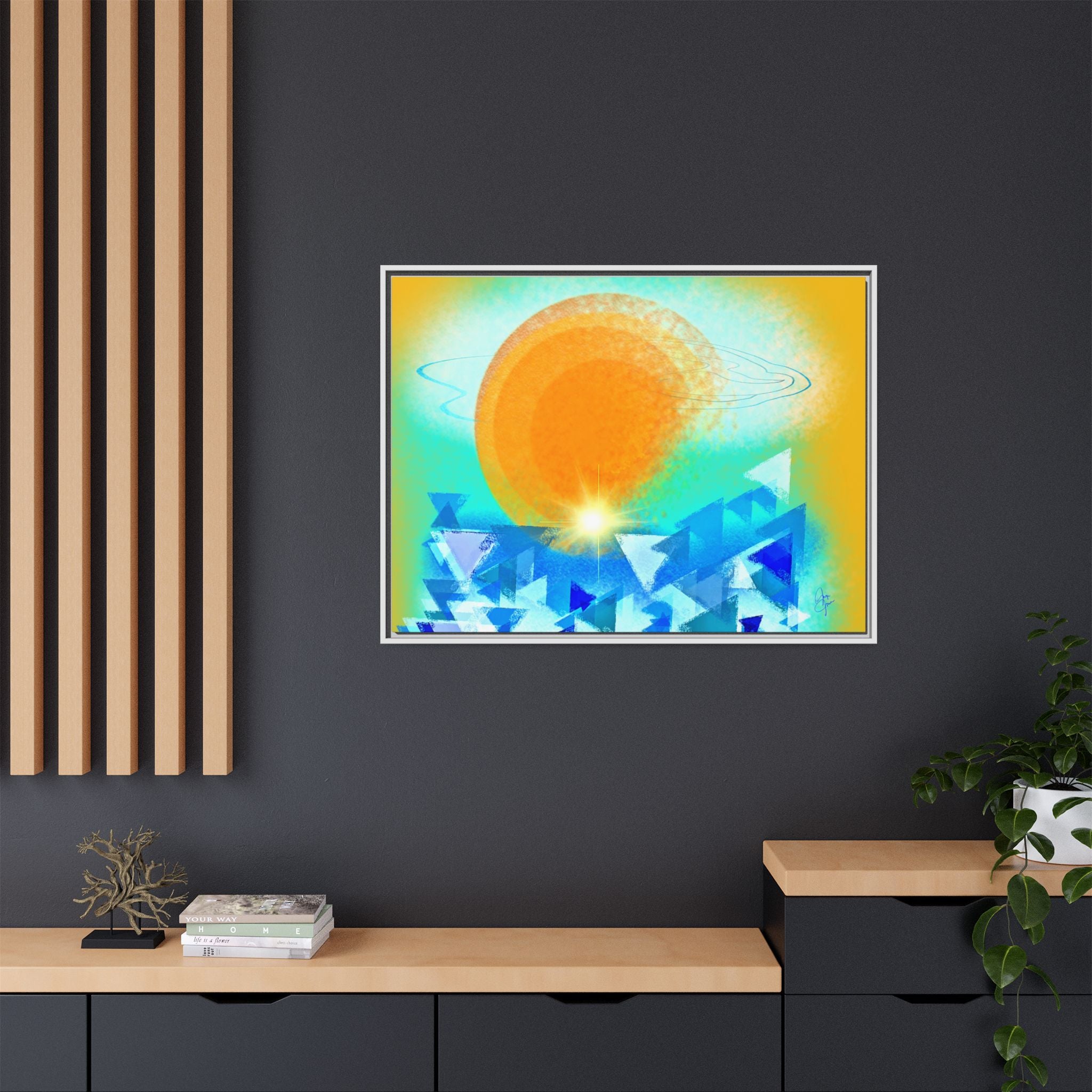 Abstract Sunrise Framed Canvas Art – Orange Sun Over Blue Geometric Waves