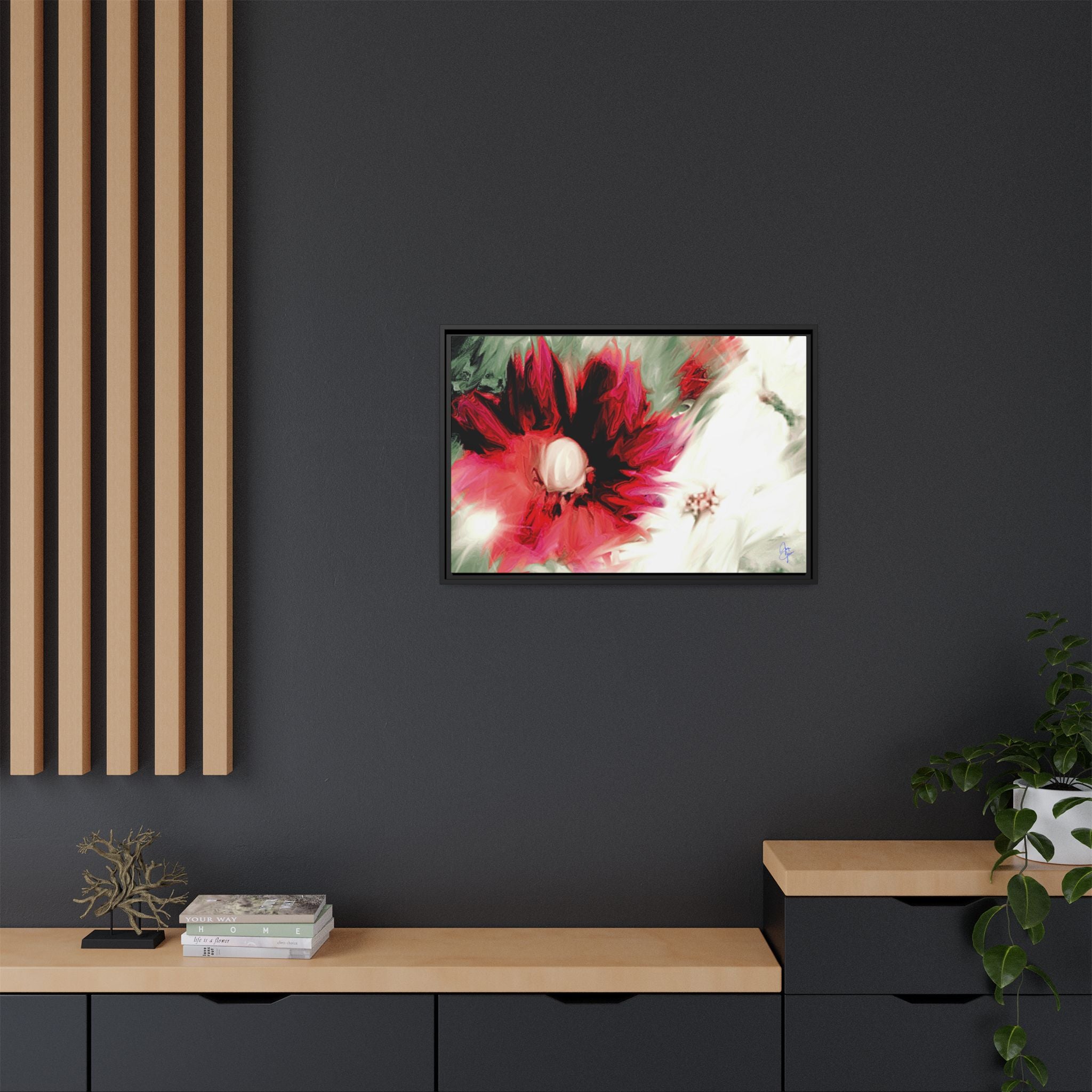 Framed Matte Canvas Print — Blurred Red & White Floral Art