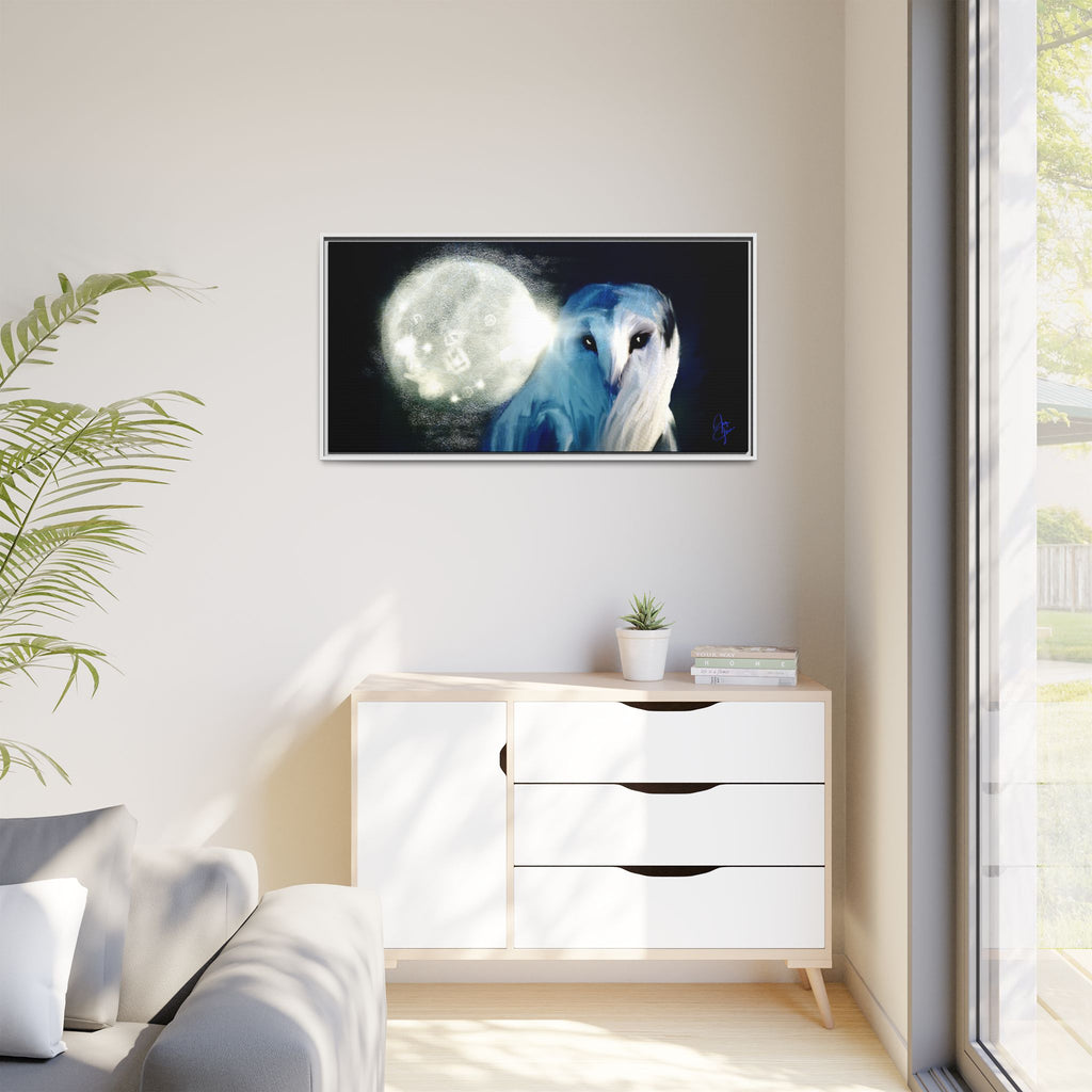 Moonlight Owl Matte Framed Canvas — Mystical Blue Owl Wall Art