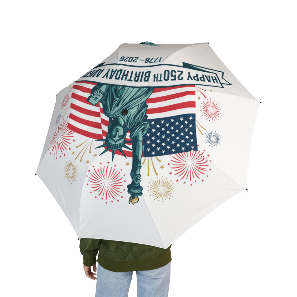 Patriotic Statue of Liberty Foldable Umbrella — 4th of July Fireworks & American Flag Design