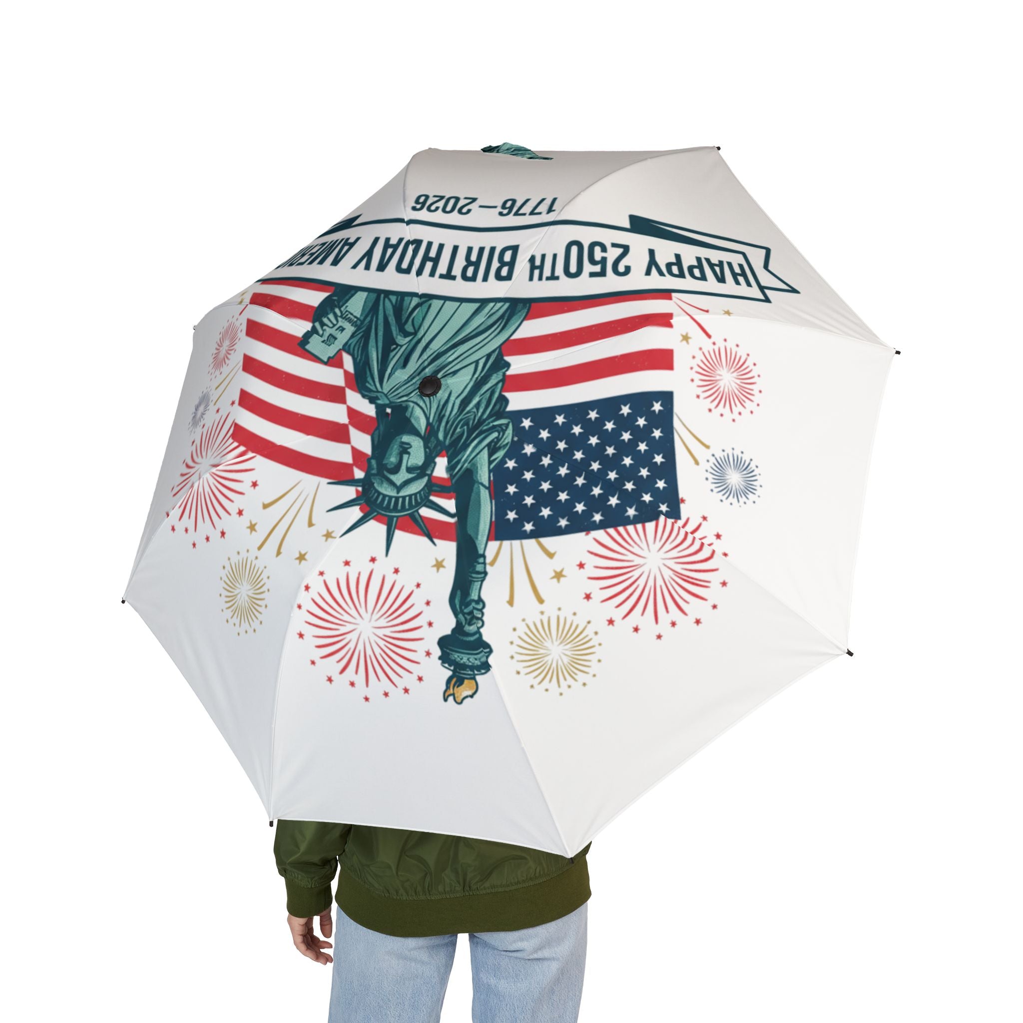 Patriotic Statue of Liberty Foldable Umbrella — 4th of July Fireworks & American Flag Design