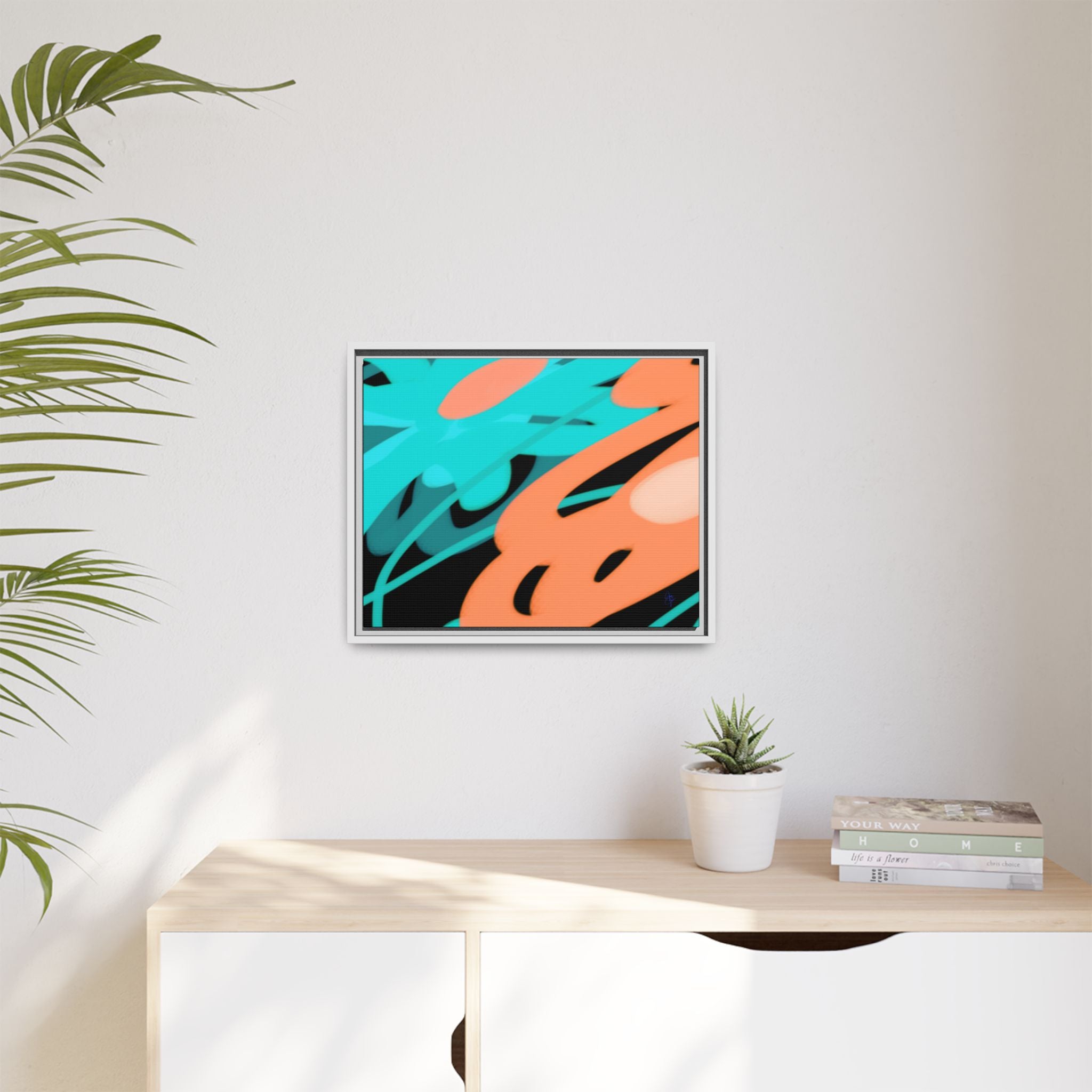 Abstract Teal & Coral Splash Framed Canvas