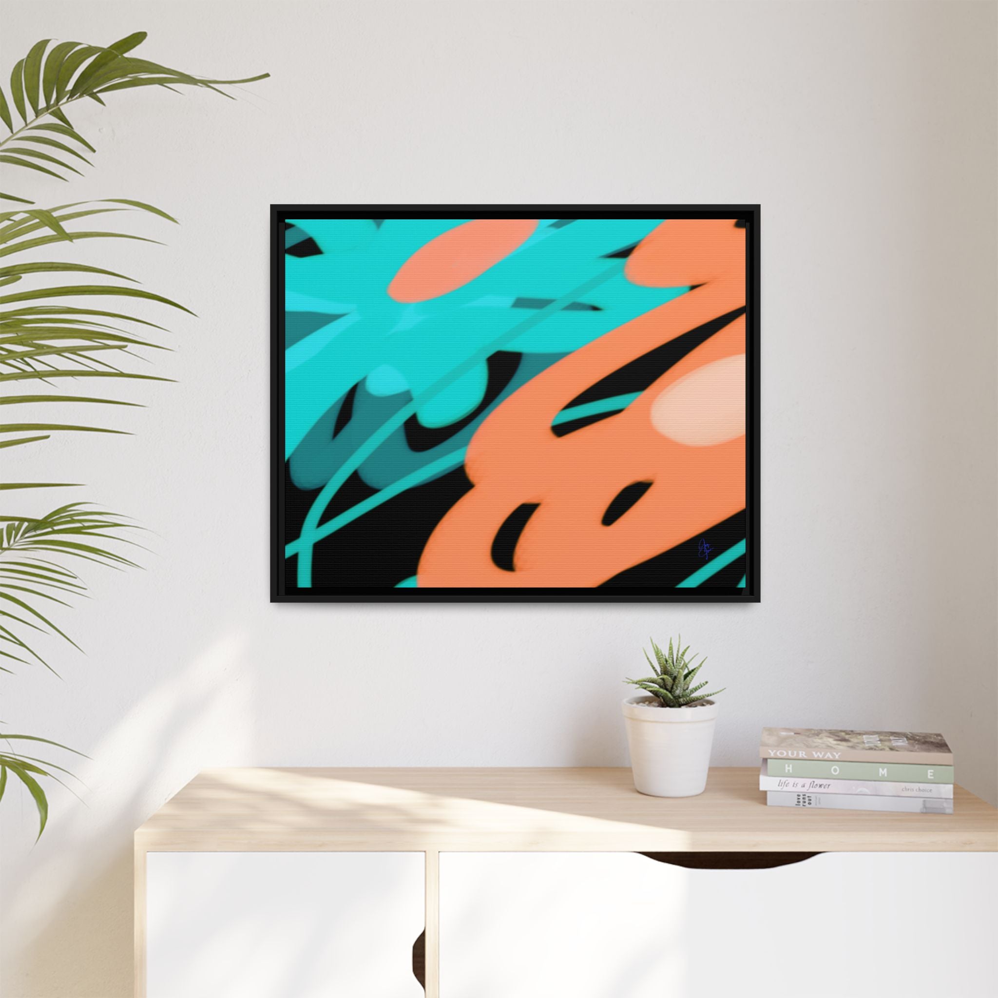 Abstract Teal & Coral Splash Framed Canvas