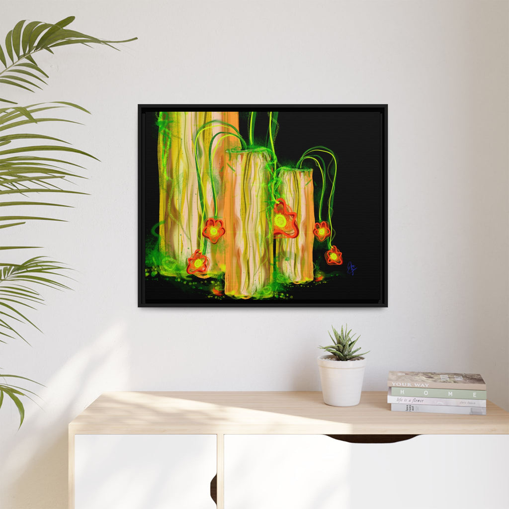 Framed Matte Canvas Print — Neon Floral Candlelight Art