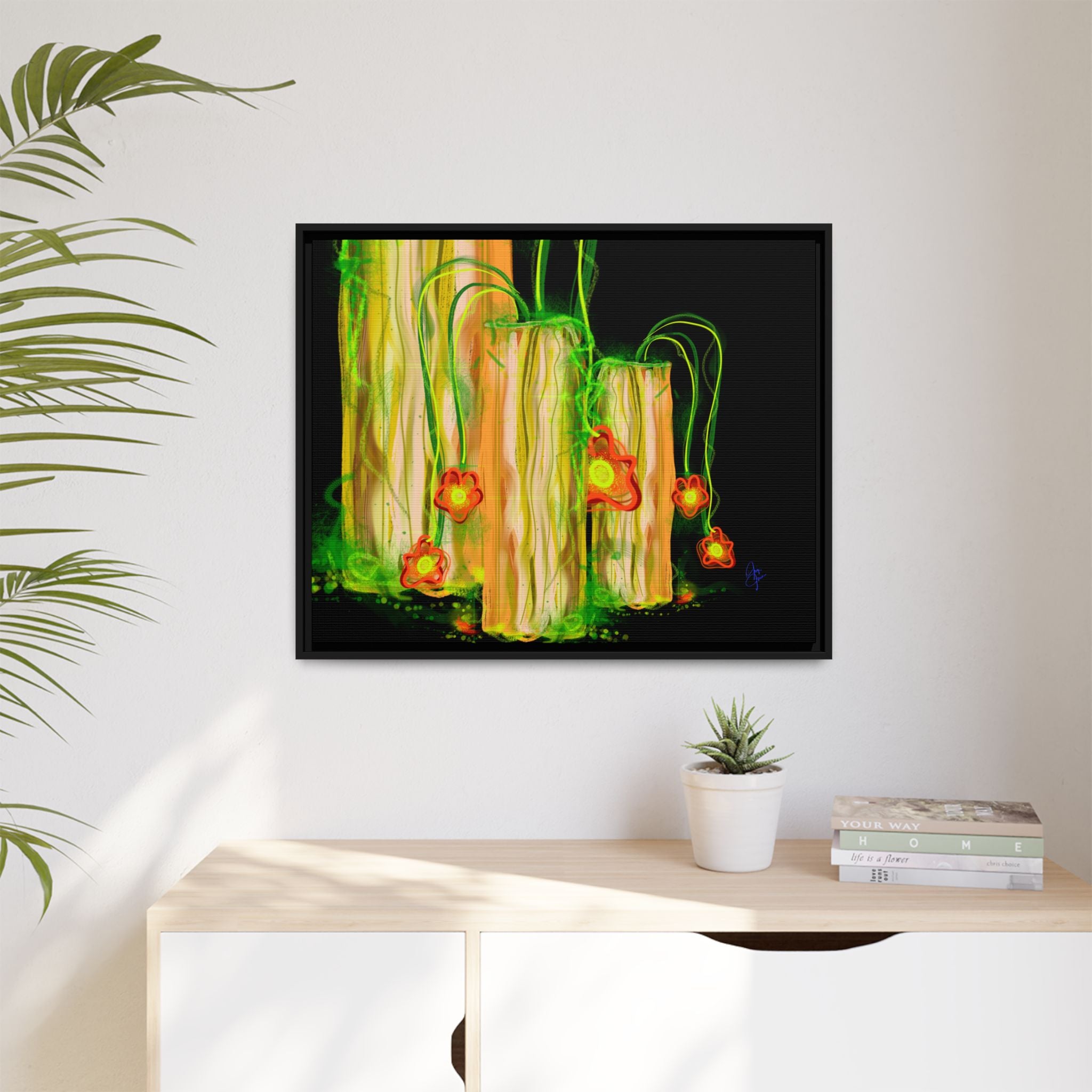 Framed Matte Canvas Print — Neon Floral Candlelight Art
