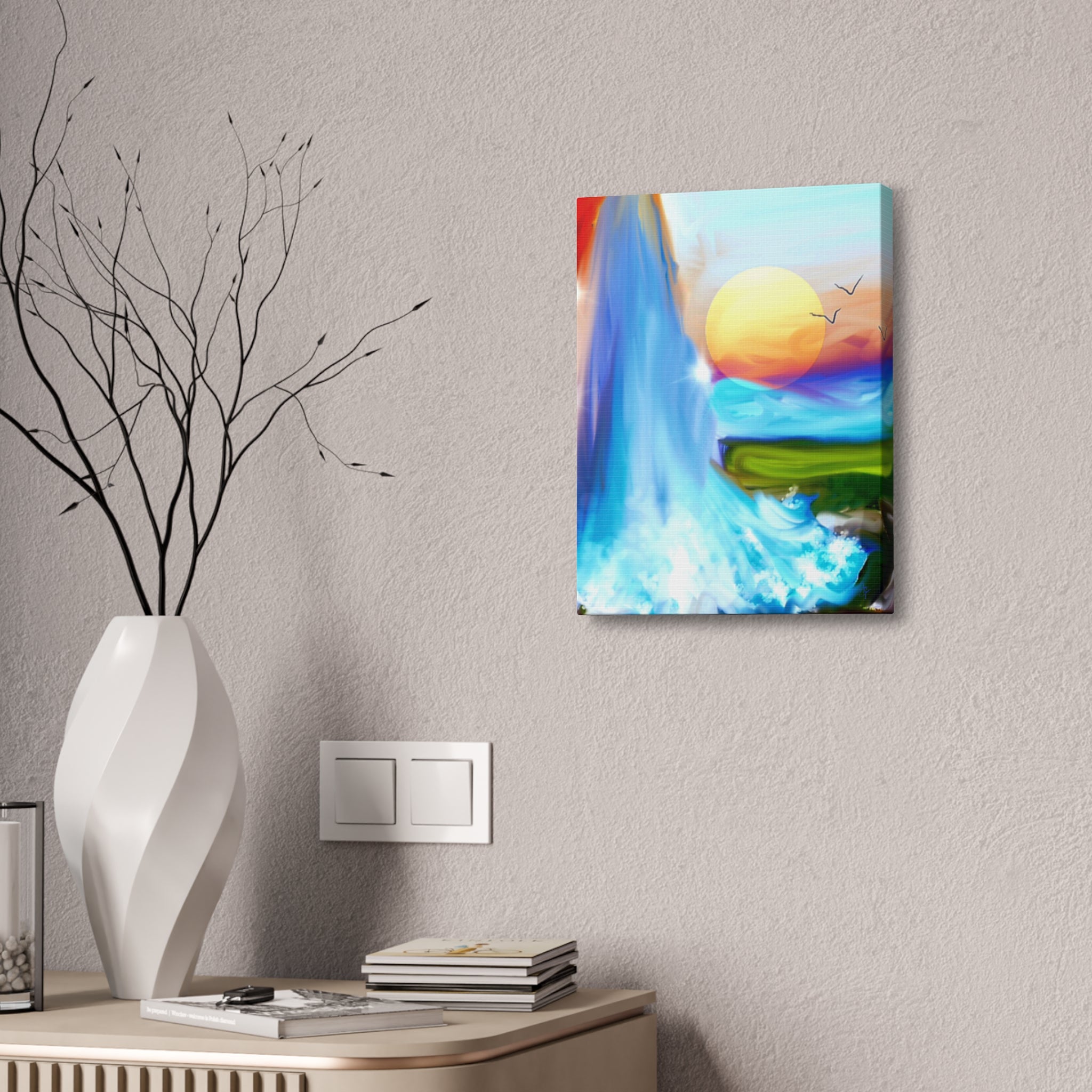 Waterfall Sunset Canvas Art – Vibrant Nature Wall Decor
