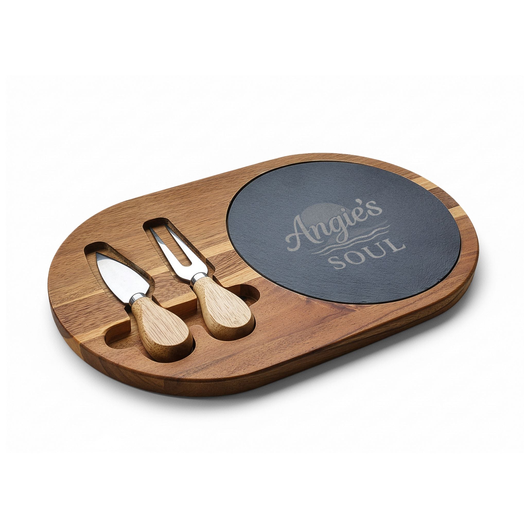 Engraved Acacia Charcuterie Board with Slate Insert & Cheese Knives — Personalized 'Angie's Soul' Design