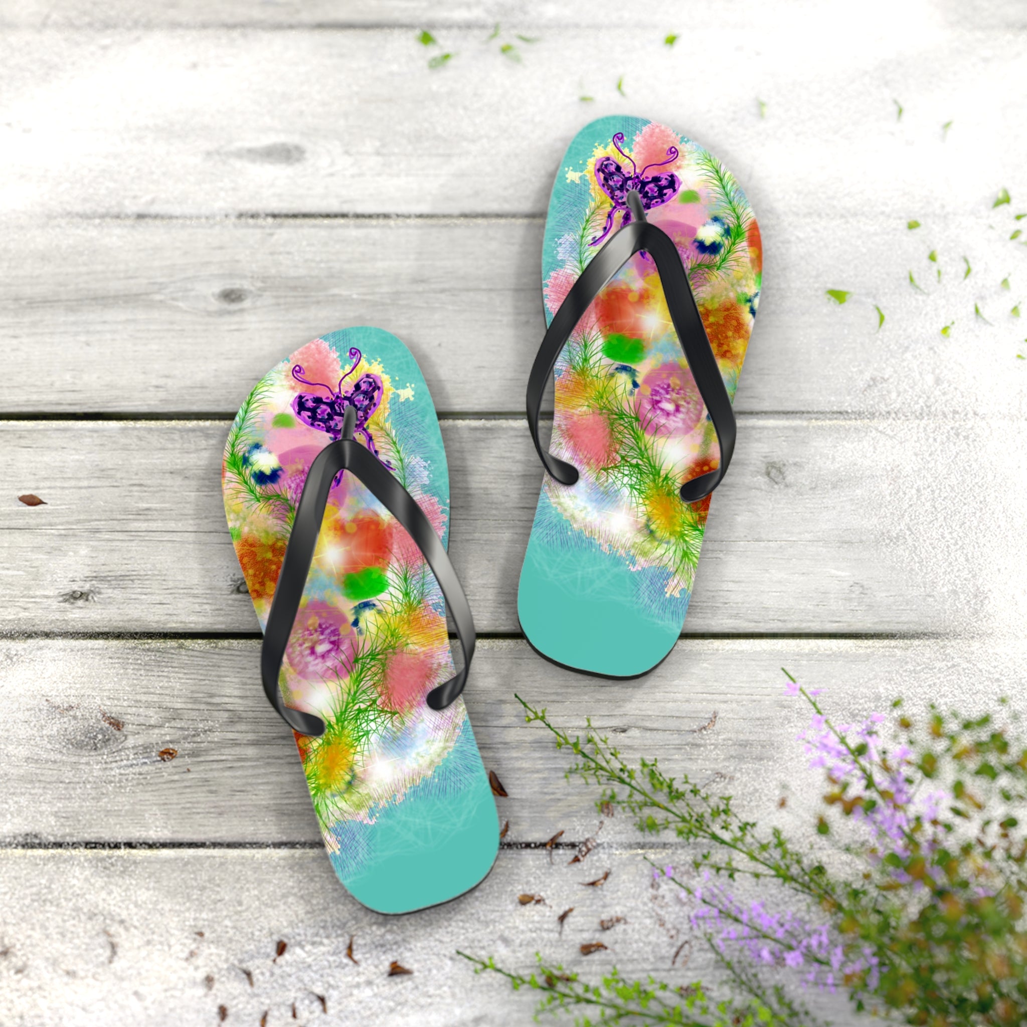 Floral Watercolor Flip Flops - Colorful Beach Sandals with Dreamy Garden Print