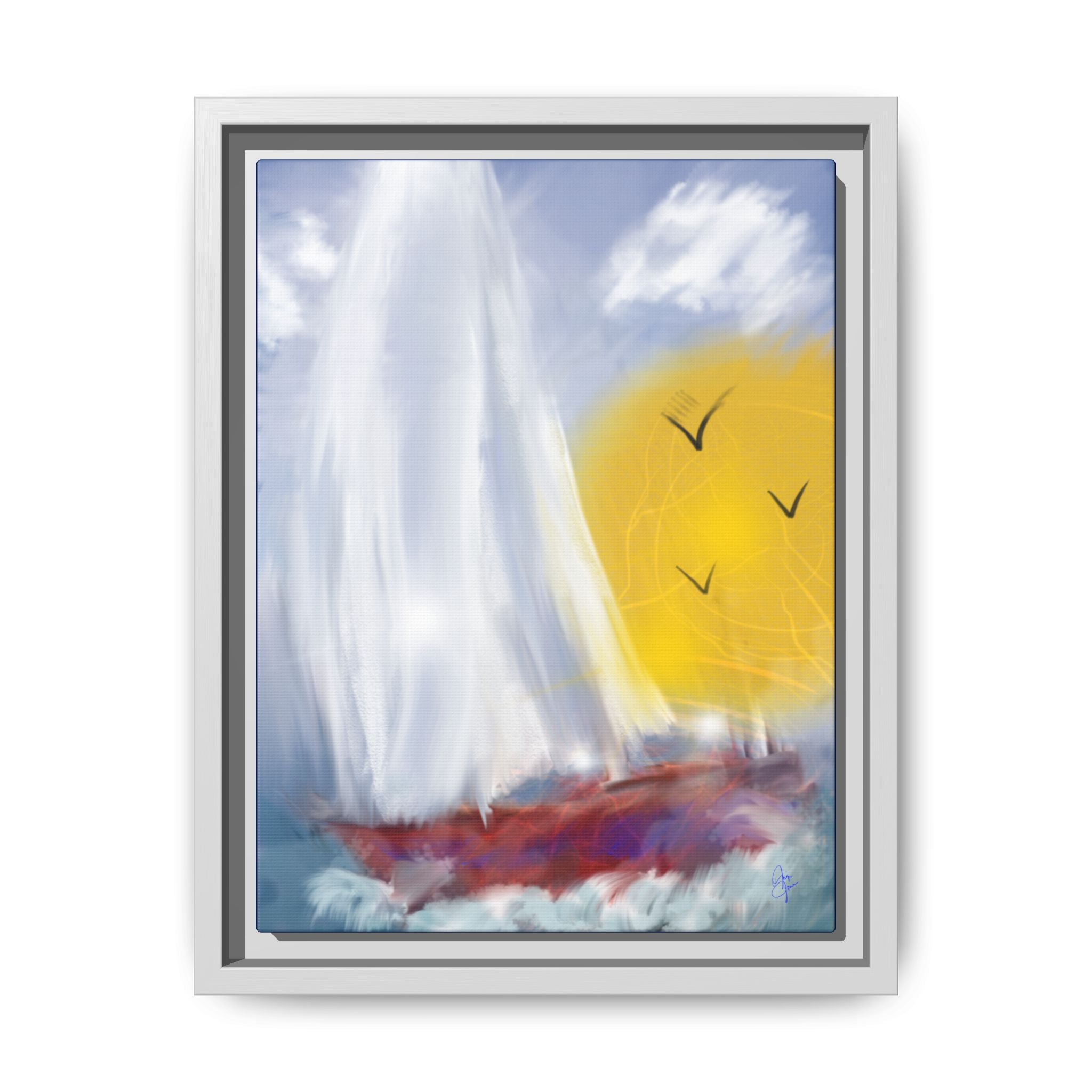 Sailboat Sunset Matte Framed Canvas Print — Coastal Seascape Wall Art